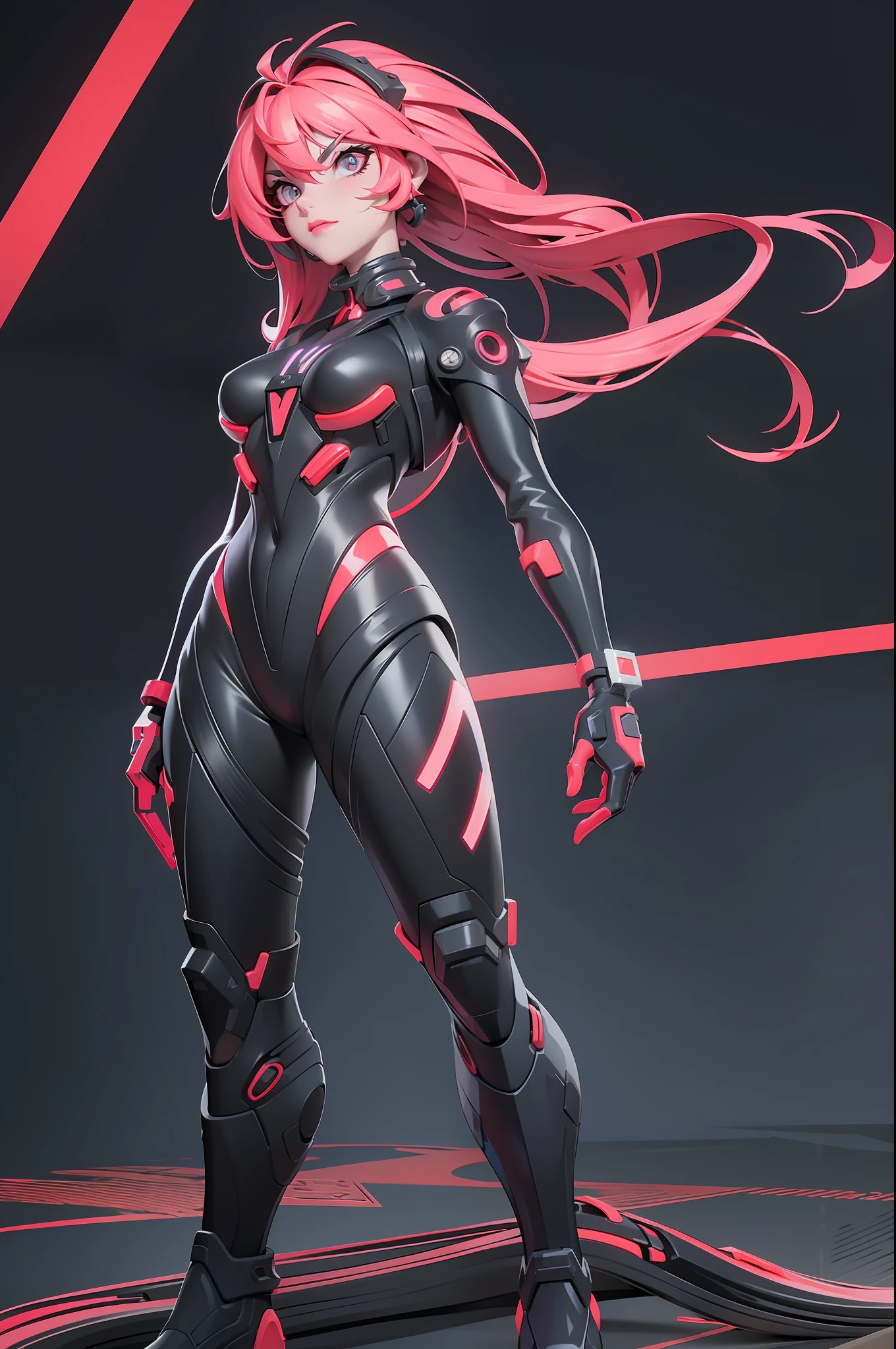 full body picture Unreal Engine 5 8K UHD of beautiful women, carmine bob hair style, wearing evangelion black plug suit, half face cyberpunk mask, futuristic neck collar, scarlet neon light details, best quality, masterpiece