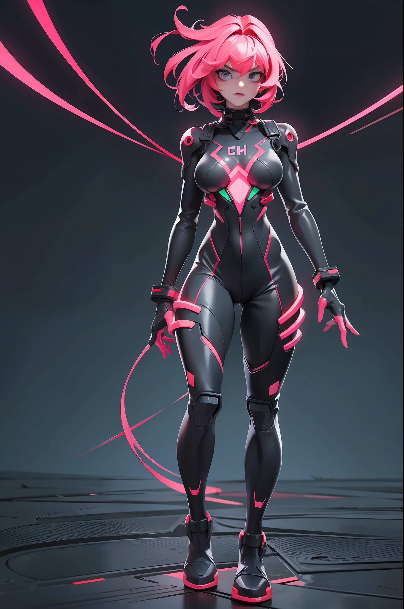 full body picture Unreal Engine 5 8K UHD of beautiful women, carmine bob hair style, wearing evangelion black plug suit, half face cyberpunk mask, futuristic neck collar, scarlet neon light details, best quality, masterpiece