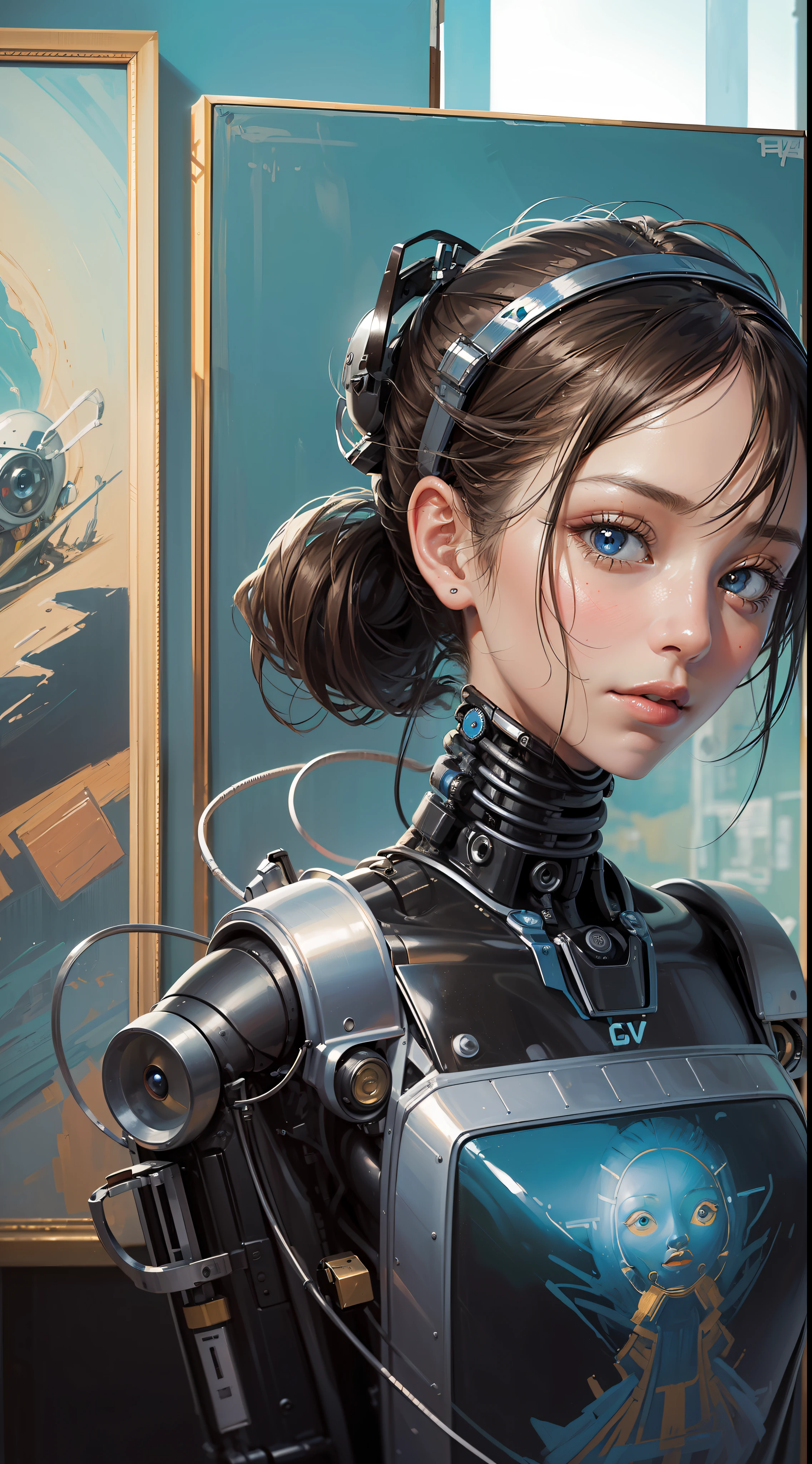 ((photorealism, portrait, painting, robot, cove, art studio)) A robot painting a picture of a girl, where the brushstrokes are precise and extremely detailed. The scene takes place in an art studio overlooking a cove, making the environment peaceful and tranquil. --auto --s2