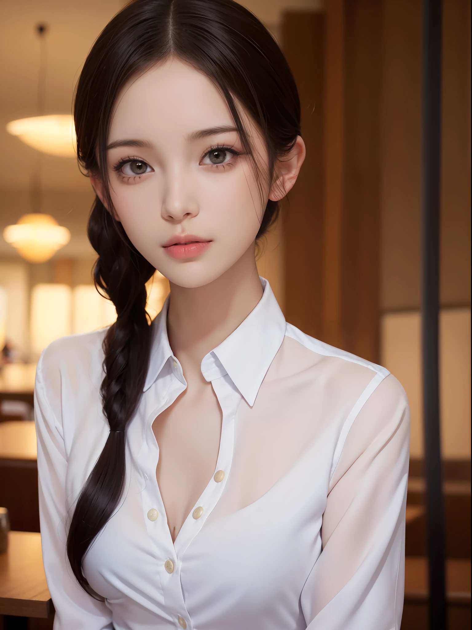 8k, Perfect human body, Real person, Photorealistic, RAW photo, Real human face, Real human face skin, 14yearsold, tall girl, very small breasts, slim body, (looking at the camera with pure love eyes), cute look, showing the whole body, (put her up hairstyle), no makeup, beautiful white skin, real human black eyes, cute face, movie lighting, wearing a formal cafe staff uniform, back ground the restaurant, two buttons from the top of the cutter shirt unbuttoned and visible her bra, hard working, 482060569,