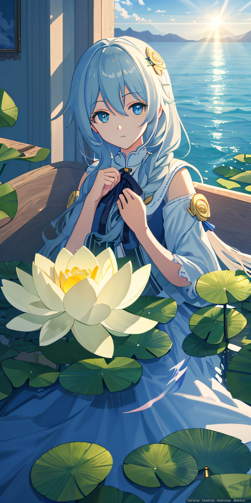 Masterpiece, best quality, very detailed CG Unity 8k wallpaper, best illustration, best lighting, nature, blue sea, tracing rays, ultra detail, glare, cinematic soft light, v6, lotus, lotus.