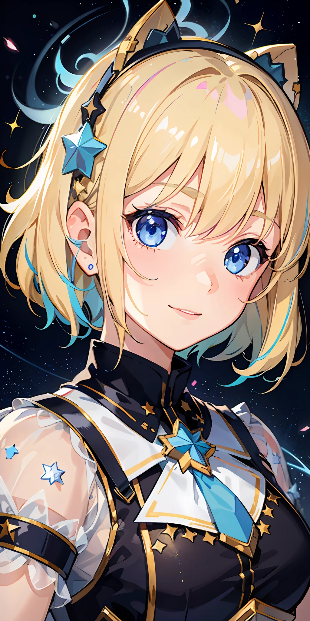 1girl, bright, blonde, light blue eyes, star motif, short hair, uniform bangs, multicolored hair, princess, saleme, side lights, light particles, wallpaper, big, plump, idol, idol costume, loose fluffy, smile, gentle, clear, loli