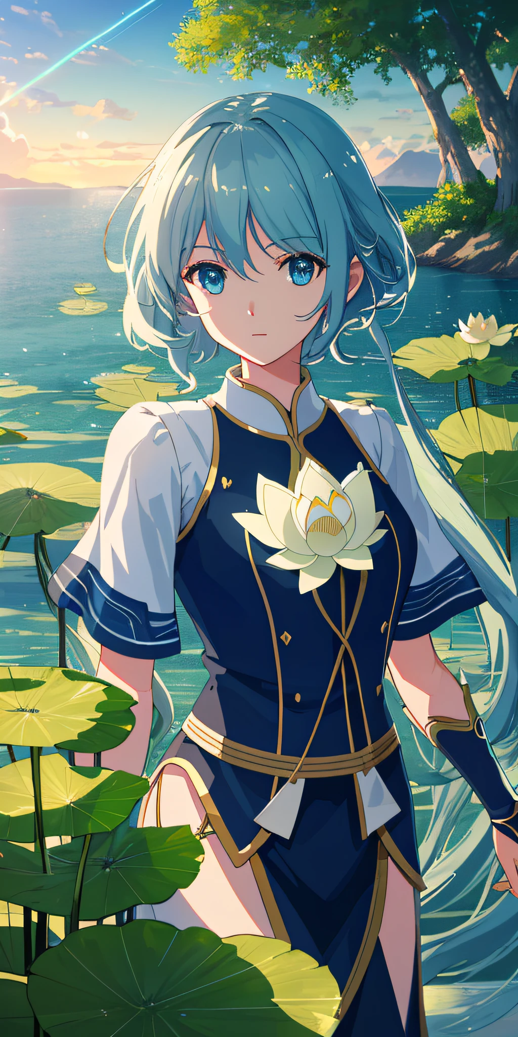 Masterpiece, best quality, very detailed CG Unity 8k wallpaper, best illustration, best lighting, nature, blue sea, tracing rays, ultra detail, glare, cinematic soft light, v6, lotus, lotus.