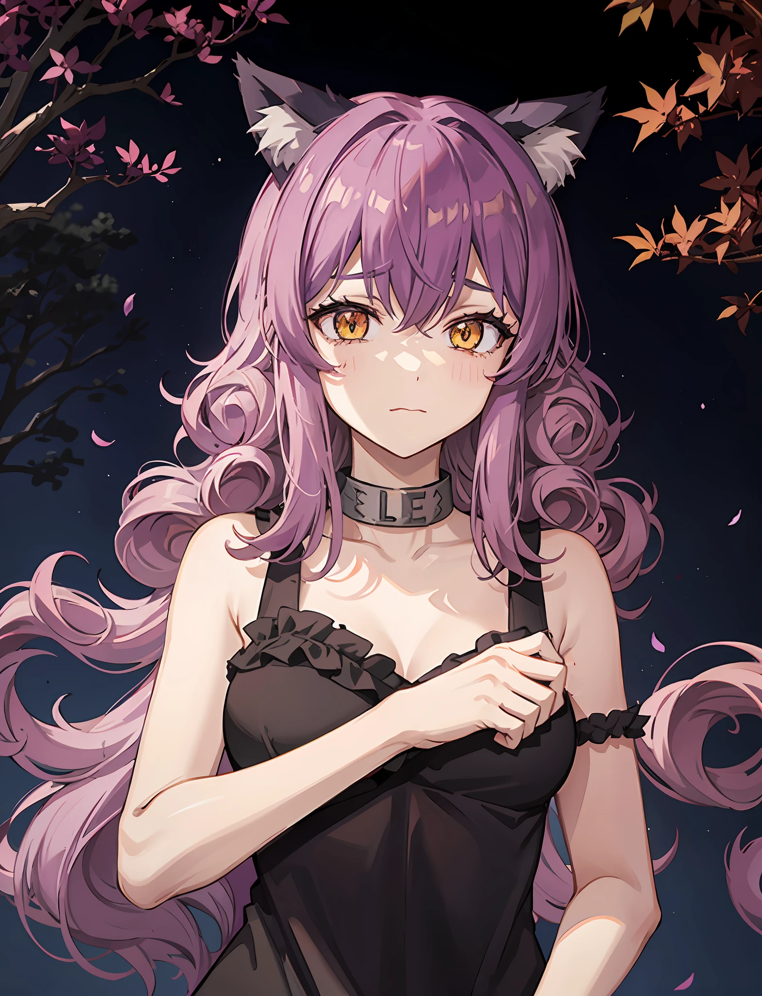 Cheshire Cat, metallic chocker, long hair, medium hair, purple hair, animal ears, cat ears original, 1girl, (solo), scenery, scene, red trees, forest, lake, autumn,