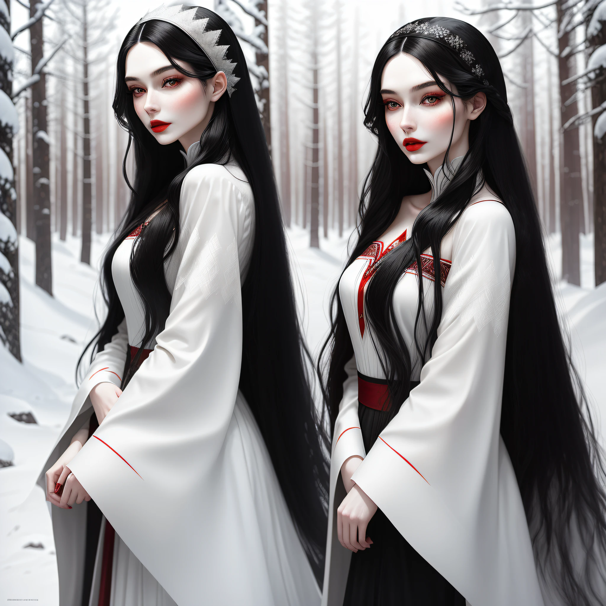 "A tall, beautiful young woman with long black hair and red lips, contrasting with the landscape of the snow-white forest, her pale, delicate skin almost blends into the landscape."