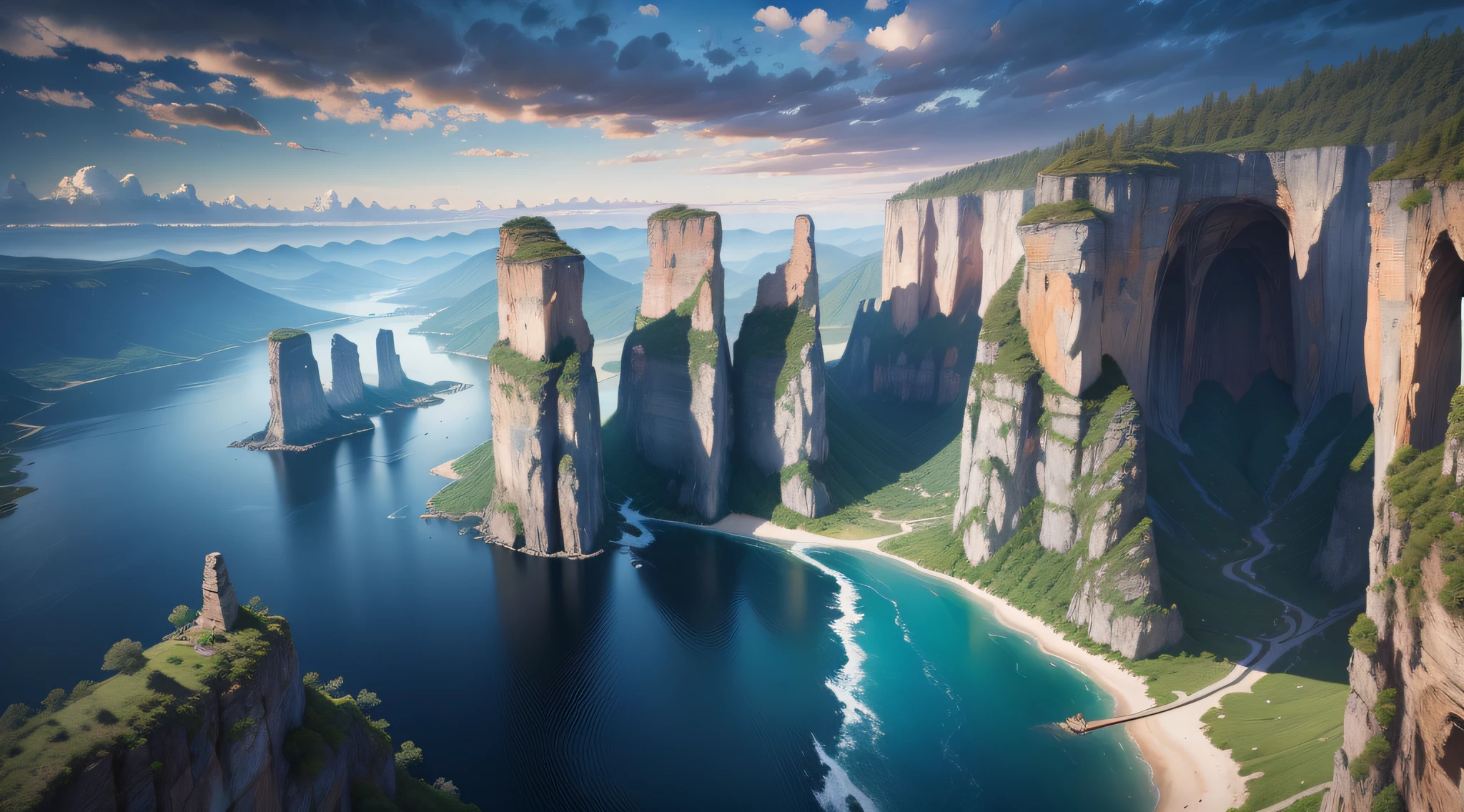 Masterpiece, ultimate quality, Cg unity 8k wallpaper, super delicate, beautiful sky and clouds, rich natural scenery, cliffs, lakes and rivers, waterfalls and flying water, beautiful green mountains, no trace of people, excellent scenery, has already won a photo contest, background Blurring, full depth of field, HDR high dynamics, true restoration, intricate, extreme details, dramatic presentation, perfectly presenting the style of midjourney art.