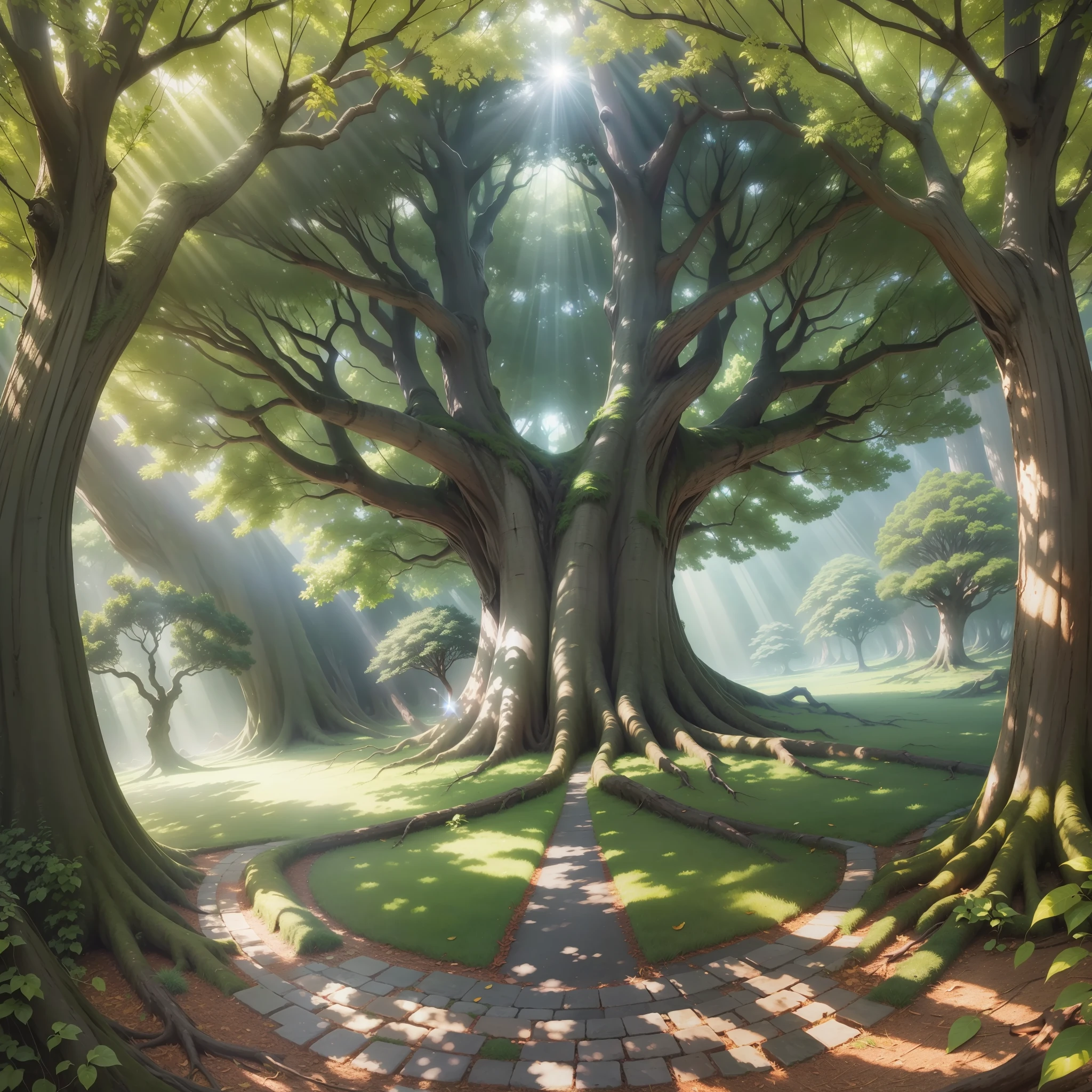 Tree of life, photo in the center, rays of sun coming out of the leaves, sharp details, giant face of mother nature