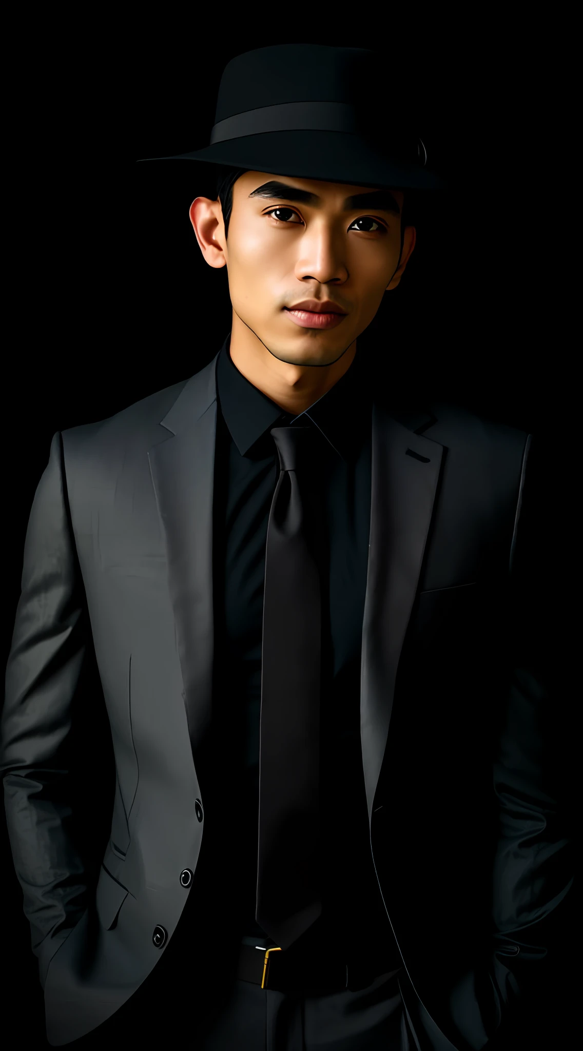 Photo in Raw, Photo essay, fashion photography, male model, queer, soft earthy makeup, earthy eye shadow, Jakartan man, Indonesian man, Javanese, light eyes, black fabric as background, with suit dior men autumn winter 2021 black, fedora hat straight flap 8 cm black, fashion, editorial beauty, glitter, dark background, dramatic light,  whole body, portrait plane, realistic, high quality, Sony A7III, 8k, 16 mm 2.4 lens, Reza Rahadian, red tie
