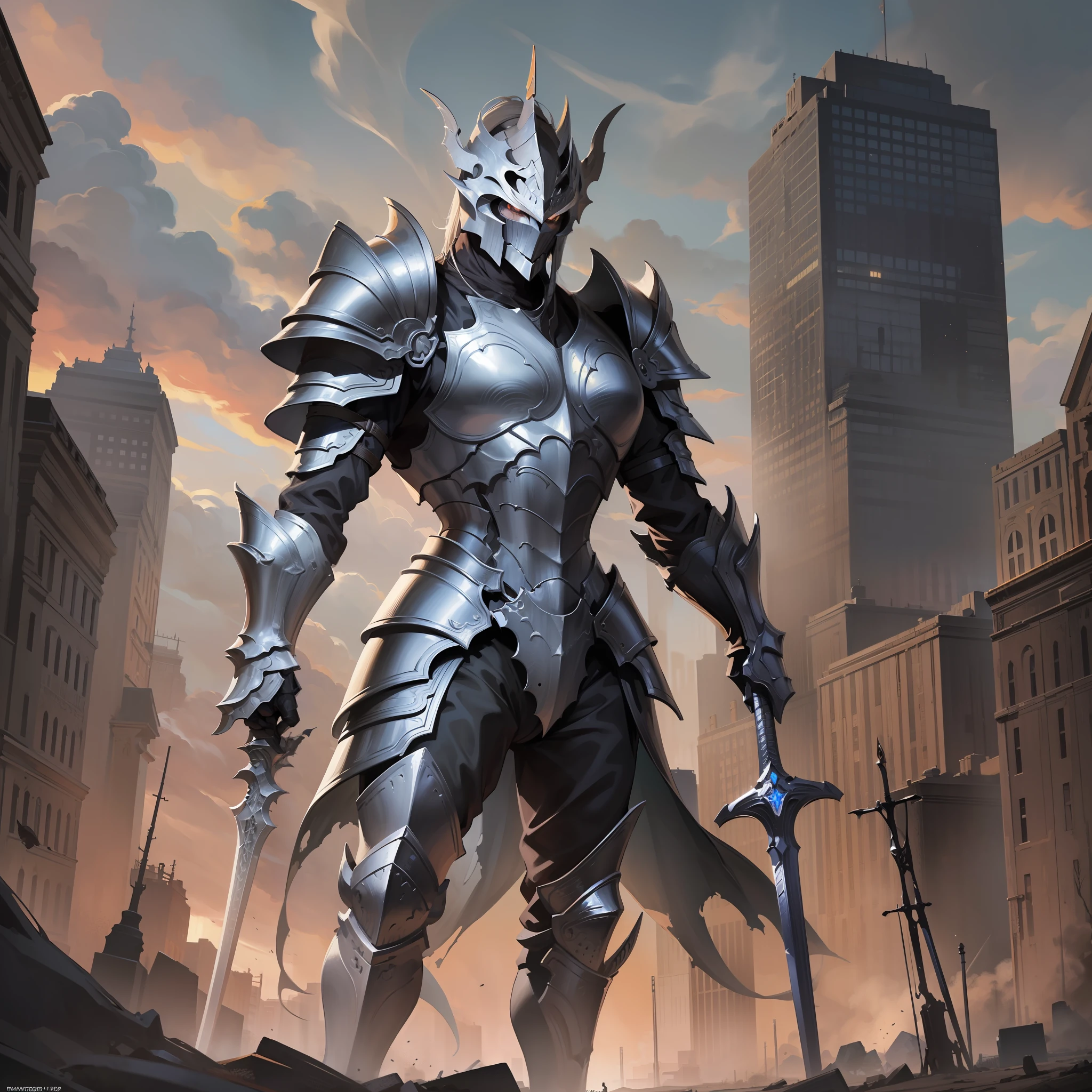 ((realistic: 1.5)),((best quality)), ((masterpiece)),((detailed)), creature, large, wearing armor, black and gray armor, dragon helmet, colossal sword, dirty armor, battlefield, destroyed, night