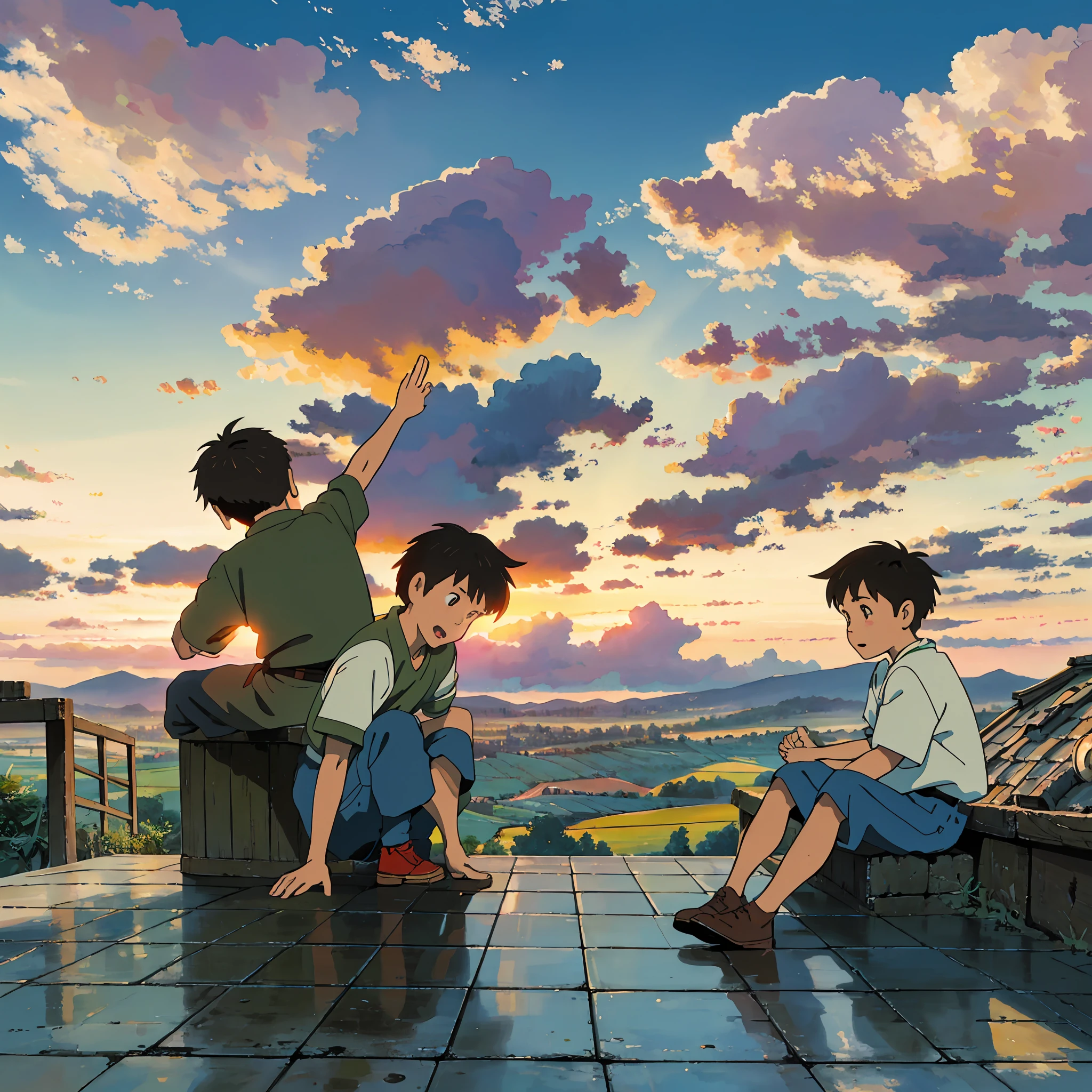 In the 2000s, in rural Hubei, China, the two brothers each held their legs, and one of the slightly younger boys pointed to the distant scenery, sitting on the hillside under the eaves, with a little green brick and black tile eaves leaking out of the foreground above, the perspective was watching the sunset from a distance over the shoulders of the two little boys, and the edge of the blue sky in the distance was slightly orange-red, realistic oil painting --auto --s2