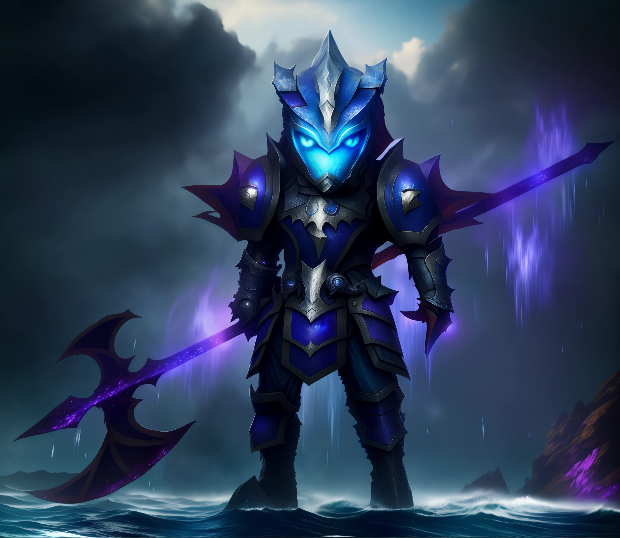 Dragon knight, eyes mouth and nose appearing, helmet open in front, blue eyes, imposing, with waves of water in the background, blue and purple armor, best quality, 8k, masterpiece:1.3