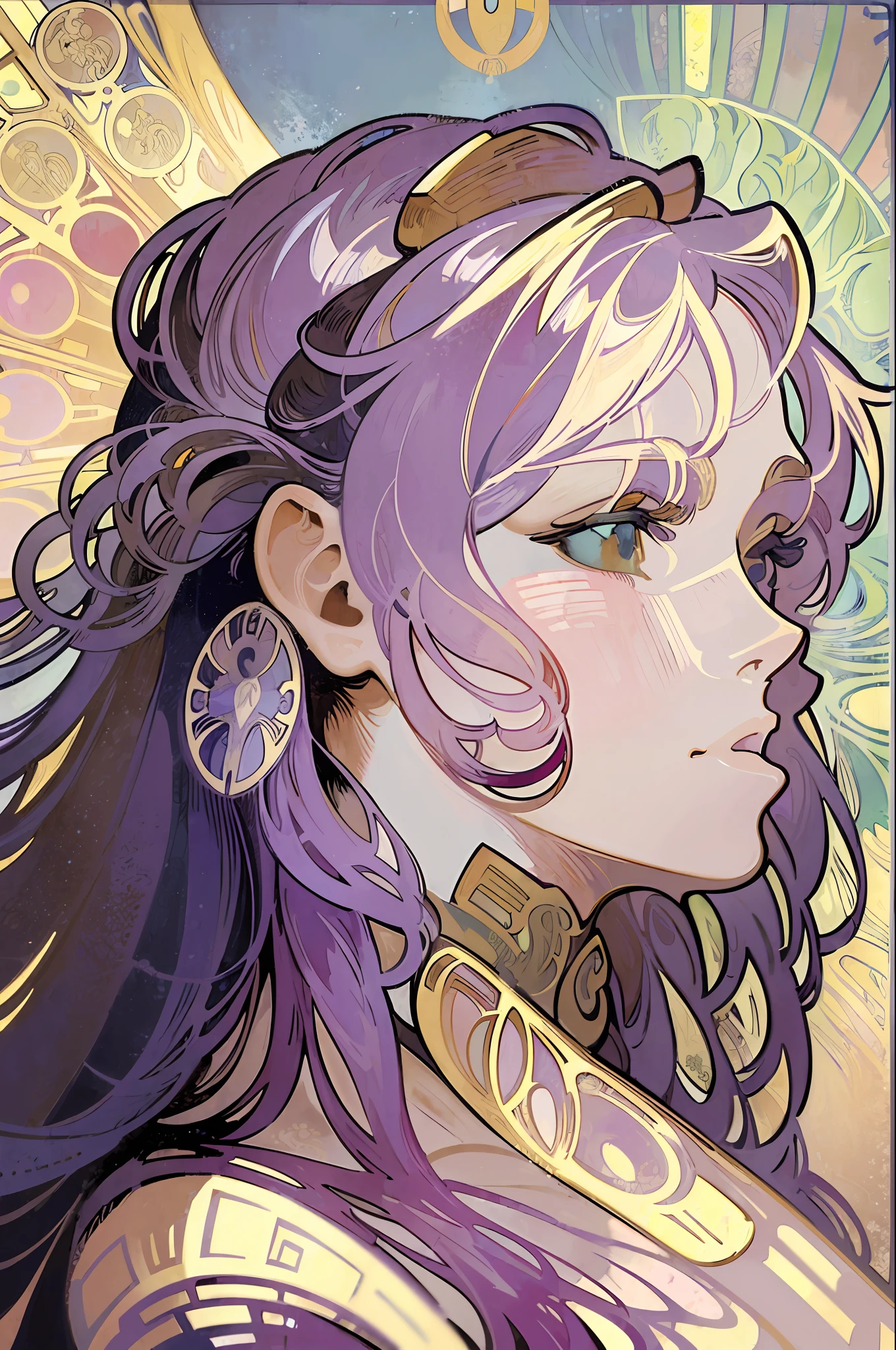 (Alphonse Mucha:1.4),Facial portrait of European beauty,length hair,Red and purple gradient hair,Roman architecture as the background(Very little clothing:2),(detailing+complex detail:1.2),4K,Abstract art,The body is proportional,line art,Side face,Colorful,Fibonacci,Mucha style
