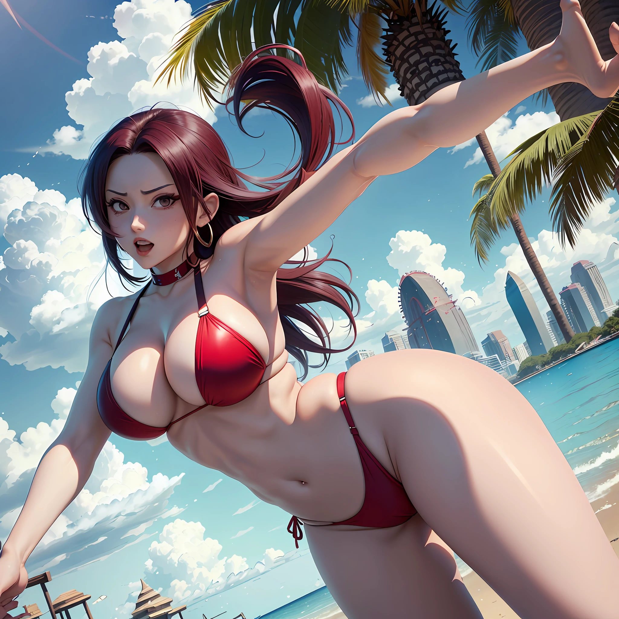 Momo yaoyorozu with a creazy expression a naoughty smirk a slutty attitude an hourglass figure huge tits Big ass fit body and a wasp waist wearing a tight red bikini, moaning --auto --s2