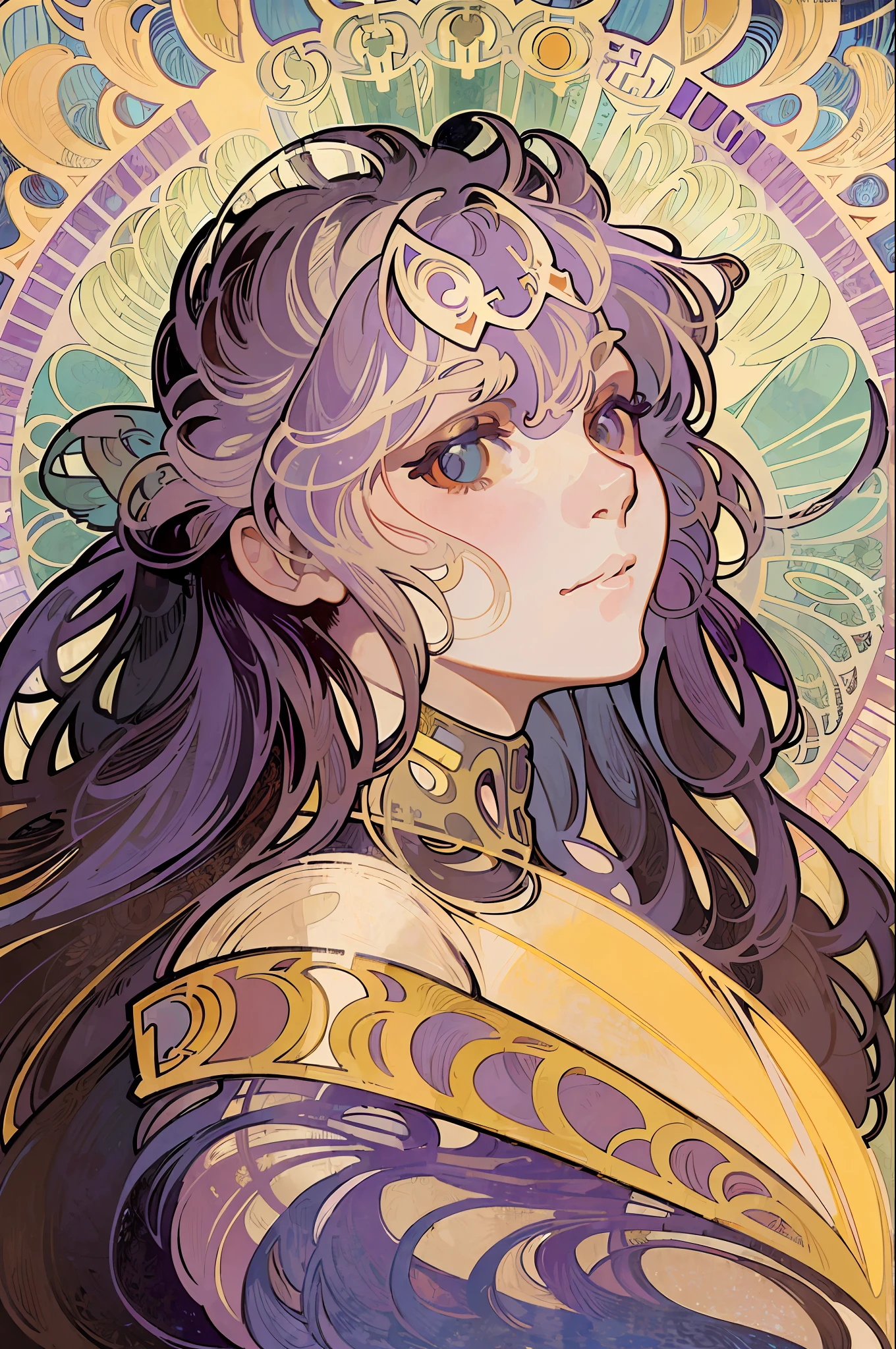 (Alphonse Mucha:1.4),Facial portrait of European beauty,length hair,Red and purple gradient hair，Roman architecture as the background（Very little clothing：2），(detailing+complex detail:1.2),4K,Abstract art,The body is proportional，line art,Side face，Colorful,Fibonacci，Mucha style