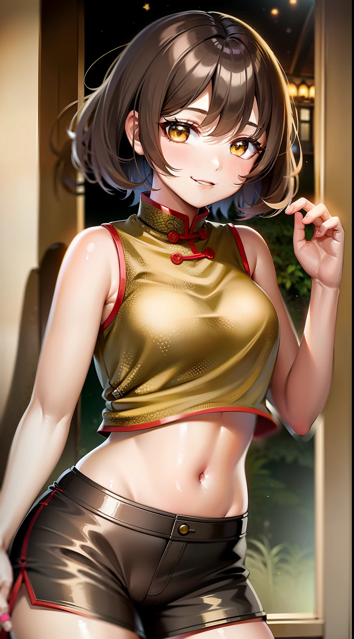 Young girl, short brown hair, yellow eyes, brown Chinese clothes, shorts, smile, masterpiece, high quality, open belly