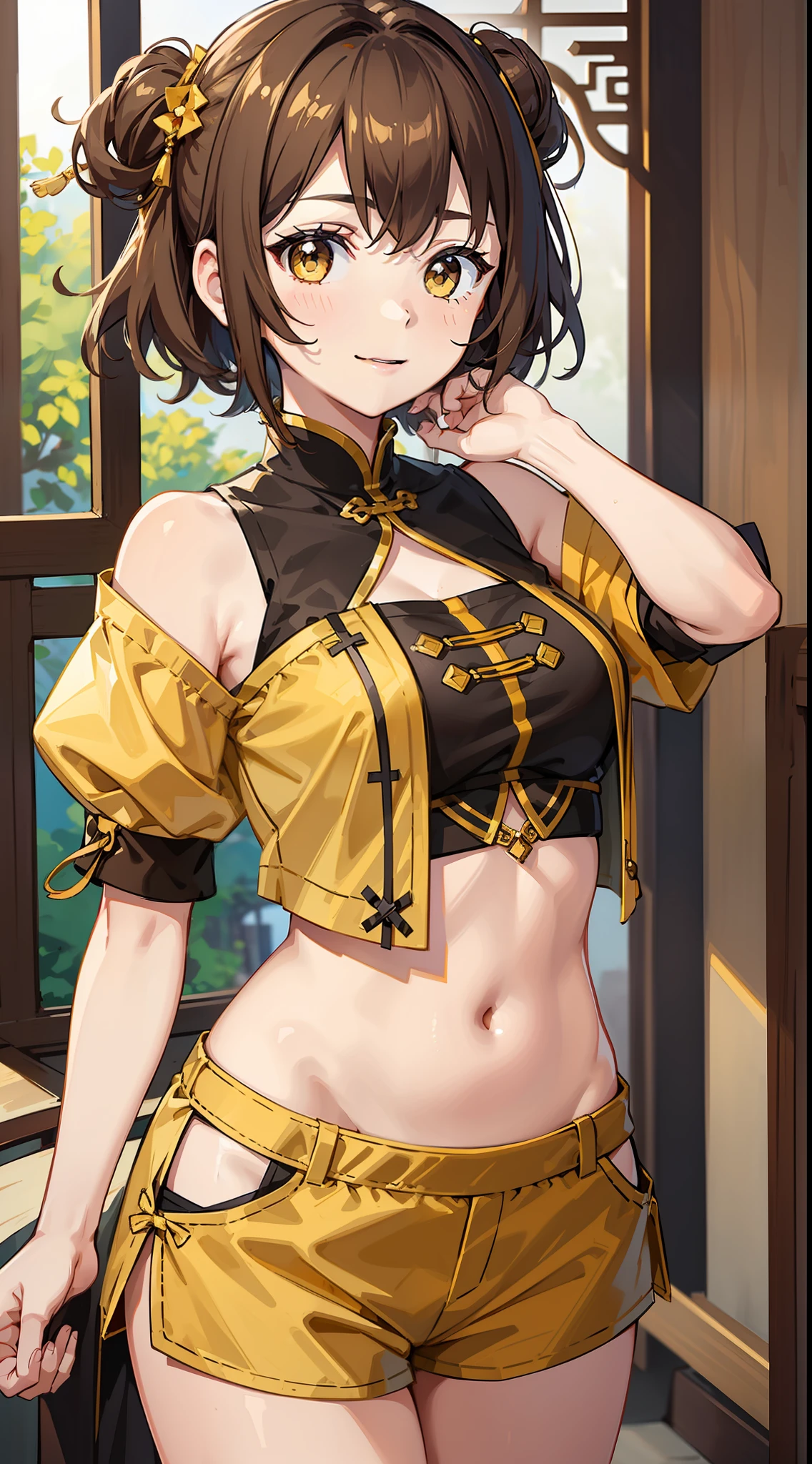 Young girl, short brown hair, yellow eyes, brown Chinese clothes, shorts, smile, masterpiece, high quality, open belly
