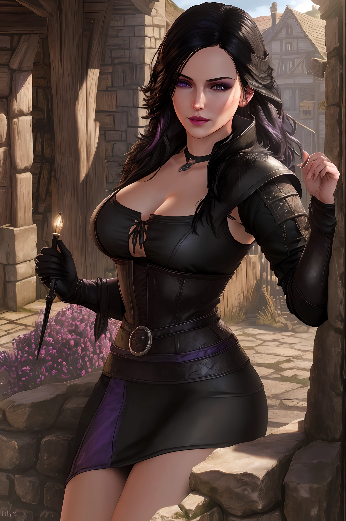 highres, masterpiece, perfect ligthing, bloom, cinematic lighting, adult, perfect skin, female, looking at viewer, portrait, cowboy shot, (yennefer of vengerberg), the witcher 3, cleavage, smile, narrow waist, skinny, (YenneferOfVengerbergWaifu:1.4), (Black medieval dress:1.8), (raven feathers on dress), black hair, (detailled eyes), purple eyes, sensual, pink lips, ((glossy lips)), glossy skin, oily skin, Streets of novigrad (Witcher 3), medieval Streets, beautiful light, (day:1.3),