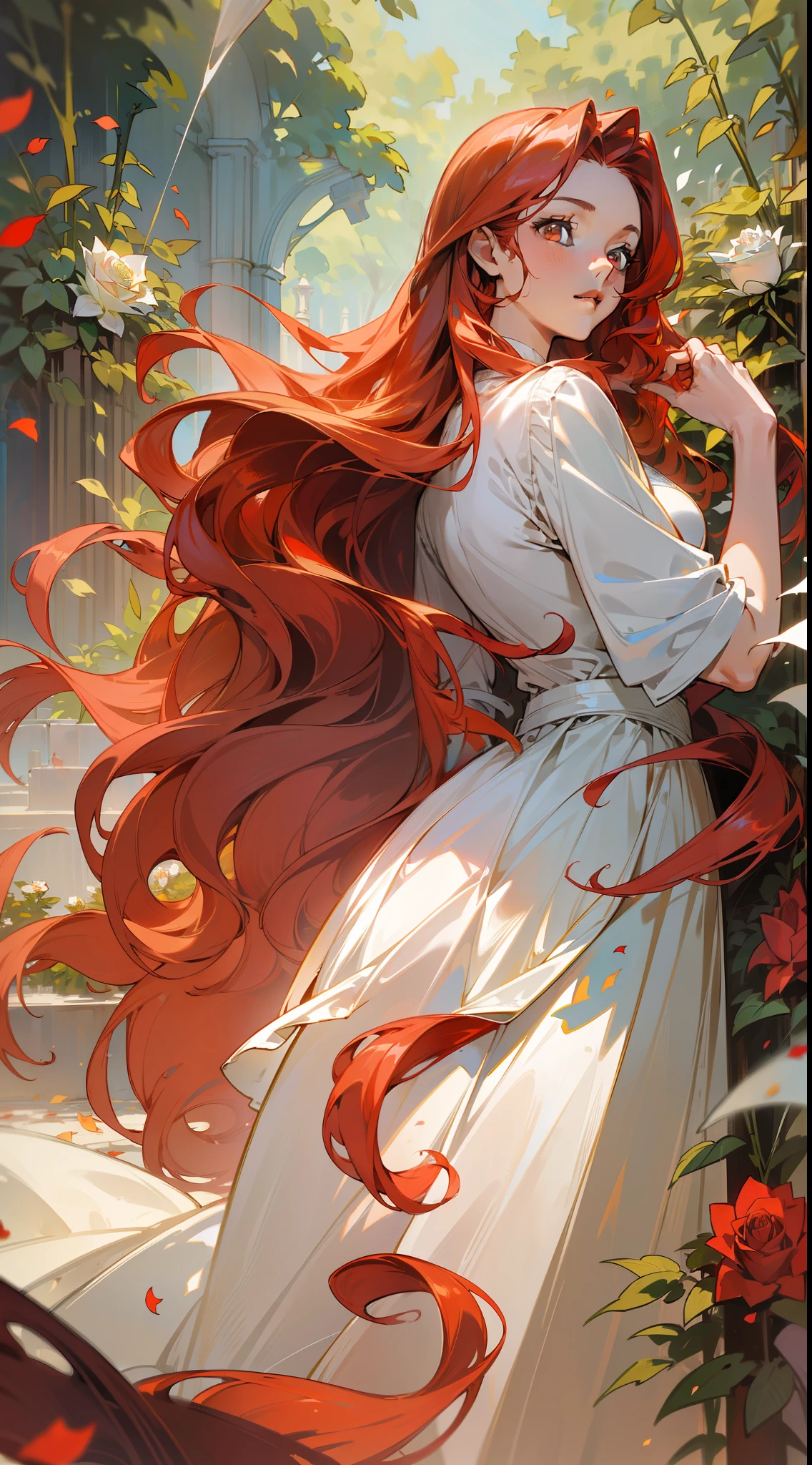 (masterpiece: 1.2, realistic: 1.37, ultra high resolution), female model, fair skin, long red wavy hair, golden eyes, white dress, in a sunlit garden, with rose petals everywhere, high contrast, dynamic, soft focus.