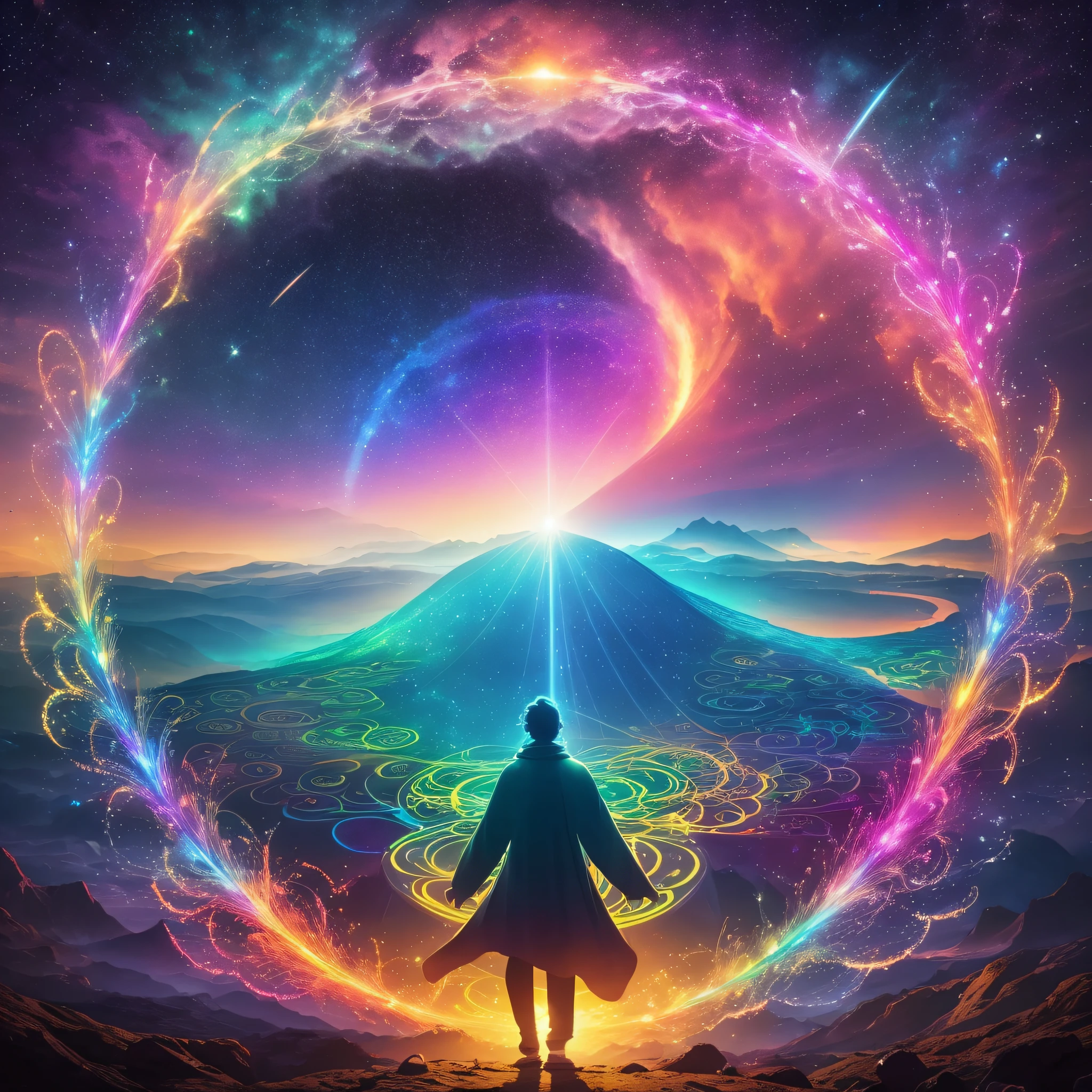 A man standing in front of a colorful circle with a mountain in the ...