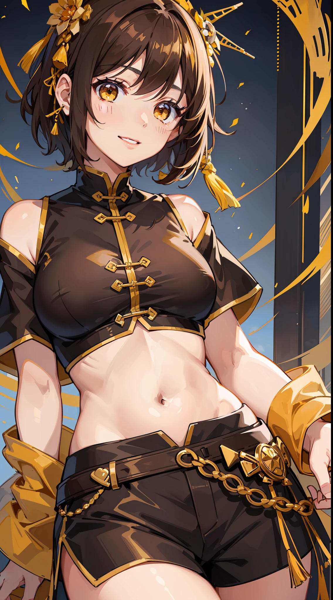 Young girl, short brown hair, yellow eyes, brown Chinese clothes, shorts, smile, masterpiece, high quality, open belly