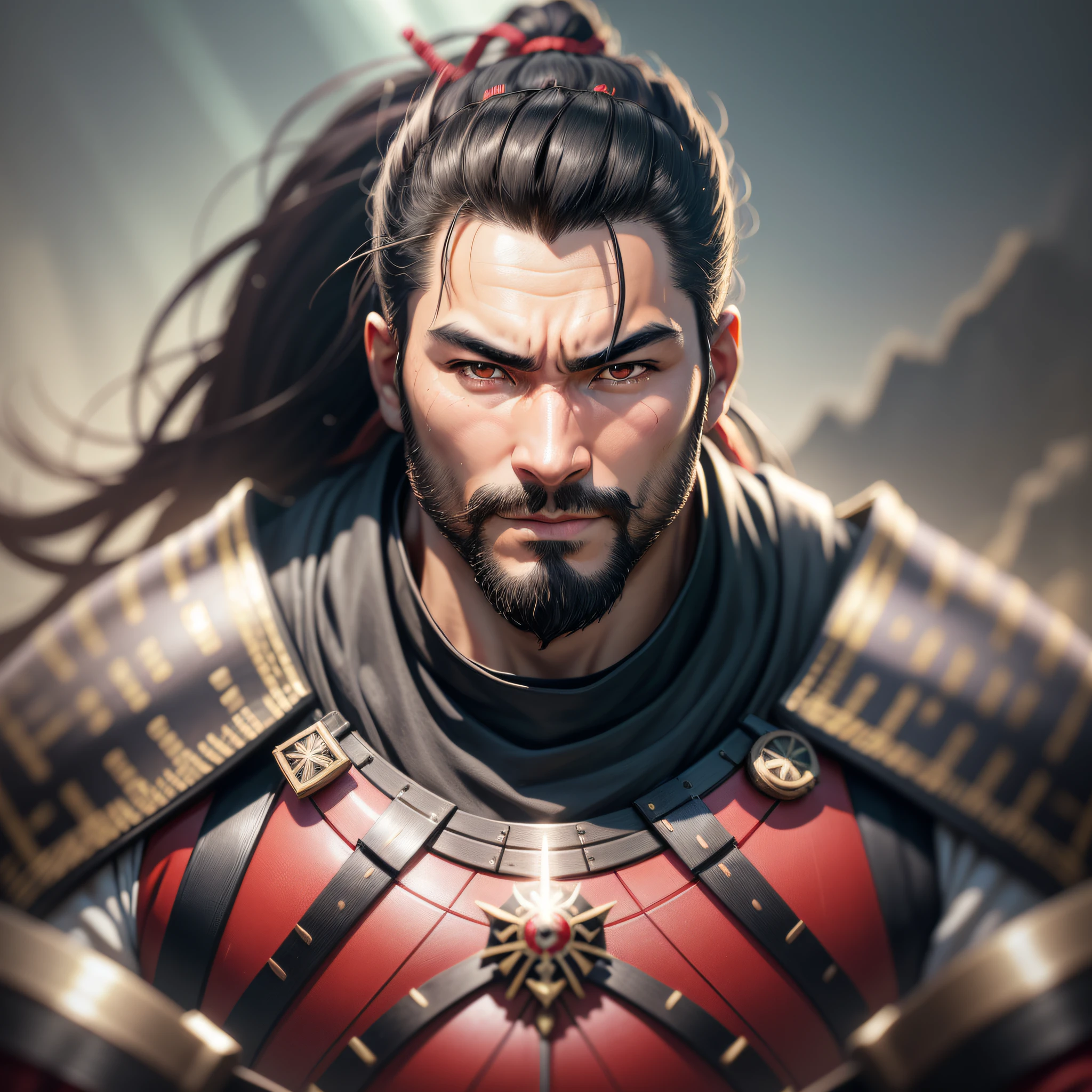 large, 39 year old samurai, man, with a strong body, sharp eyebrows and a somewhat middle aged marked face, he wears shogun armor without the helmet. the color of this armor is red, he holds a two-handed Nodaichi, with the color crimson, he has a somewhat large beard, he has long ponytail hair down to his back, black hair, light smile, high detail, motion blur, chromatic aberration, glowing light, god rays, ray tracing, reflection light, backlighting, bloom, close-up, Eye-Level Shot, Sony FE, Sony FE GM, UHD, 16k, high quality, super detail, high details