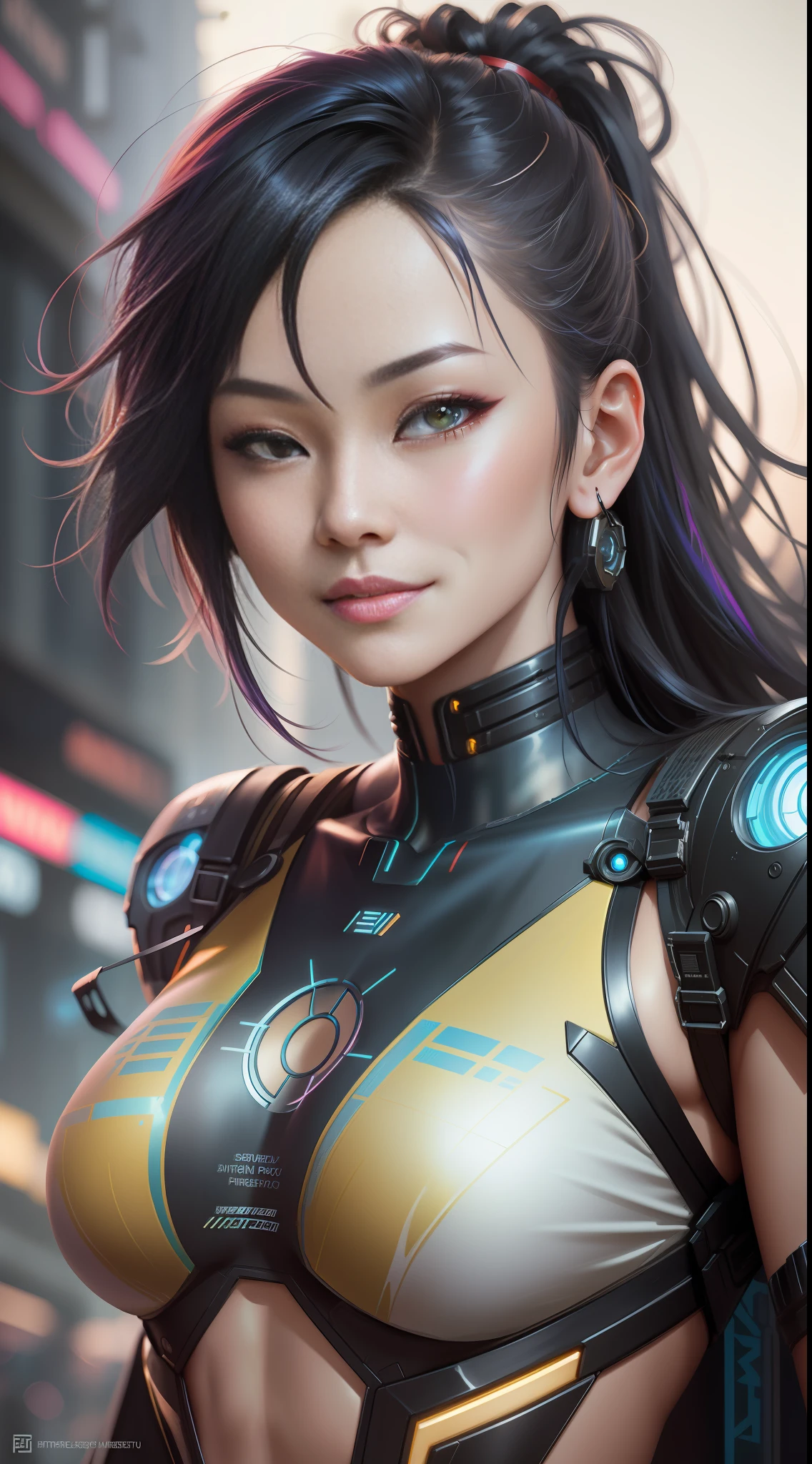 Beautiful hyperrealistic photograph of cute smiling asian cyberpunk female, shapeless cyberpunk hair, (((dynamic pose))), elegant pose, cyberpunk street background, abstract beauty, near perfection, pure form, Golden Ratio, minimalism, concept art, By Brian Froud and Carne Griffiths and Wadim Kashin, intricate detail, 8k post-production, High resolution, super Detail, trending on ArtStation, sharp focus, studio photos, intricate detail, Very detailed, By Greg Rutkowski