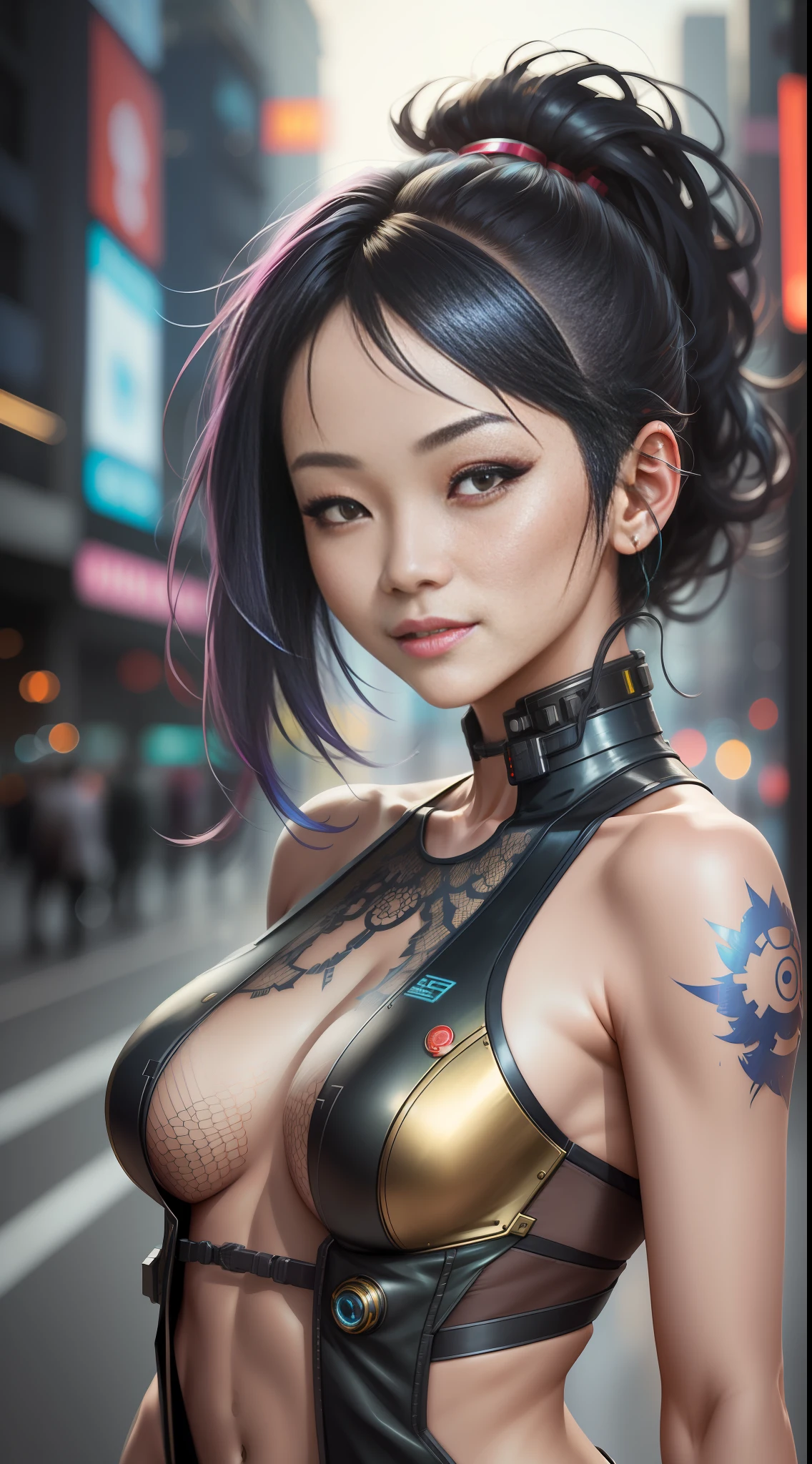 Beautiful hyperrealistic photograph of cute smiling asian cyberpunk female, shapeless cyberpunk hair, (((dynamic pose))), elegant pose, cyberpunk street background, abstract beauty, near perfection, pure form, Golden Ratio, minimalism, concept art, By Brian Froud and Carne Griffiths and Wadim Kashin, intricate detail, 8k post-production, High resolution, super Detail, trending on ArtStation, sharp focus, studio photos, intricate detail, Very detailed, By Greg Rutkowski