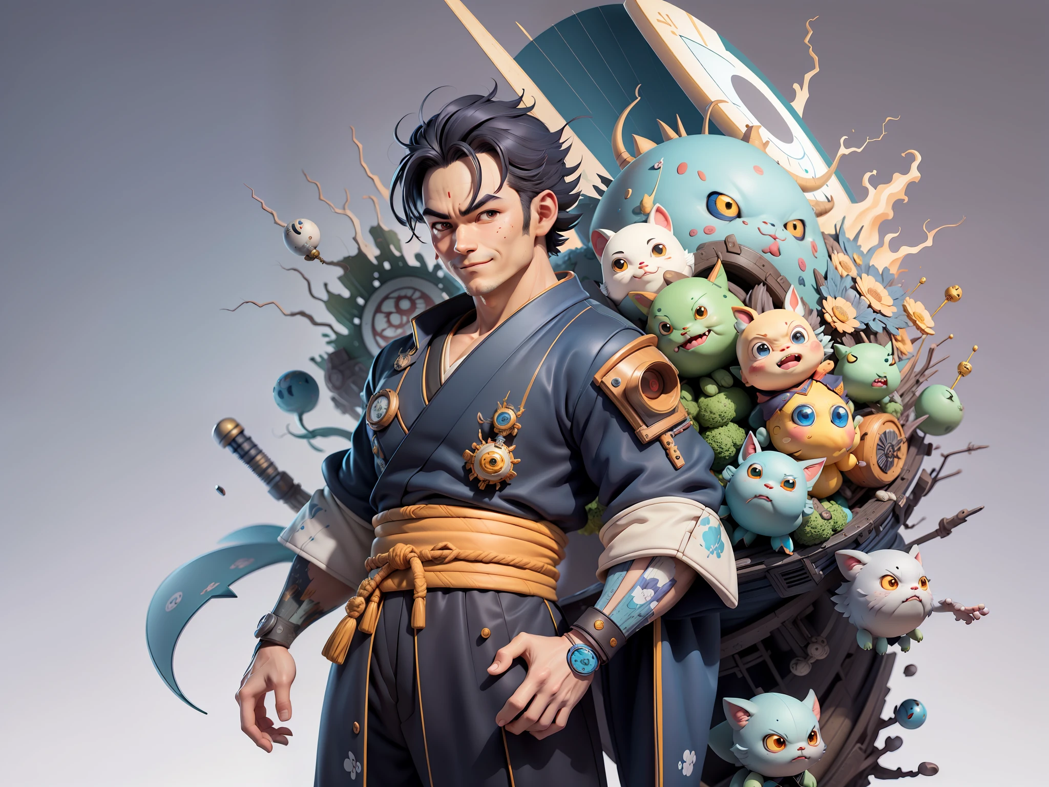(Masterpiece), (Excellent), (Super Detailed), (Full Body: 1.2), Super Young Man, Oriental Face, Japanese Kimono, Japanese Wind and Thunder, Dragon, TV Anchor, Bust Portrait Illustration, Alone, Black Suit, Blue Tie, Slightly Chubby Face, Very Clean Face, No Beard, Black Super Short Hair, Black Eyes, Confident Smile, 3c Computer Sub-Products, iPad, iPhone, Digital Painting, 3D Character Design by Akira Toriyama and Mark Claireden and Pixar and Hayao Miyazaki, The illustration is a high-definition illustration in 4K resolution with very detailed facial features and cartoon-style visuals.
