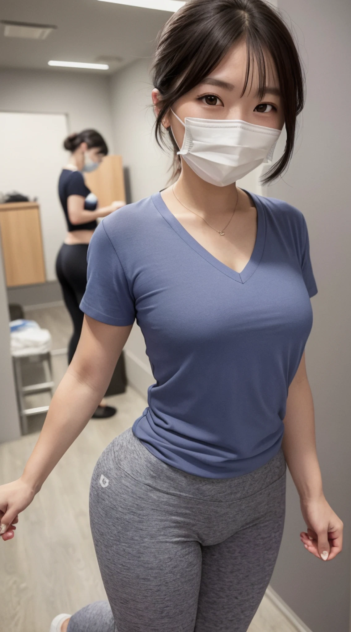 (8k: 1.27), highest quality, masterpiece, super high definition: 1.2) Cute Japan woman photo, 31 years old, medium hair tied at the back, (tight navy shirt: 1.2), (light gray sports leggings: 1.5), serious expression, sexy body, plump body, mask, taken in the operating room, full body image, (surgical gloves: 1.3), (small eyes: 1.5), Dark eye makeup, naughty buttocks, blue shirt and gray pants with T-pose, V-neck top
