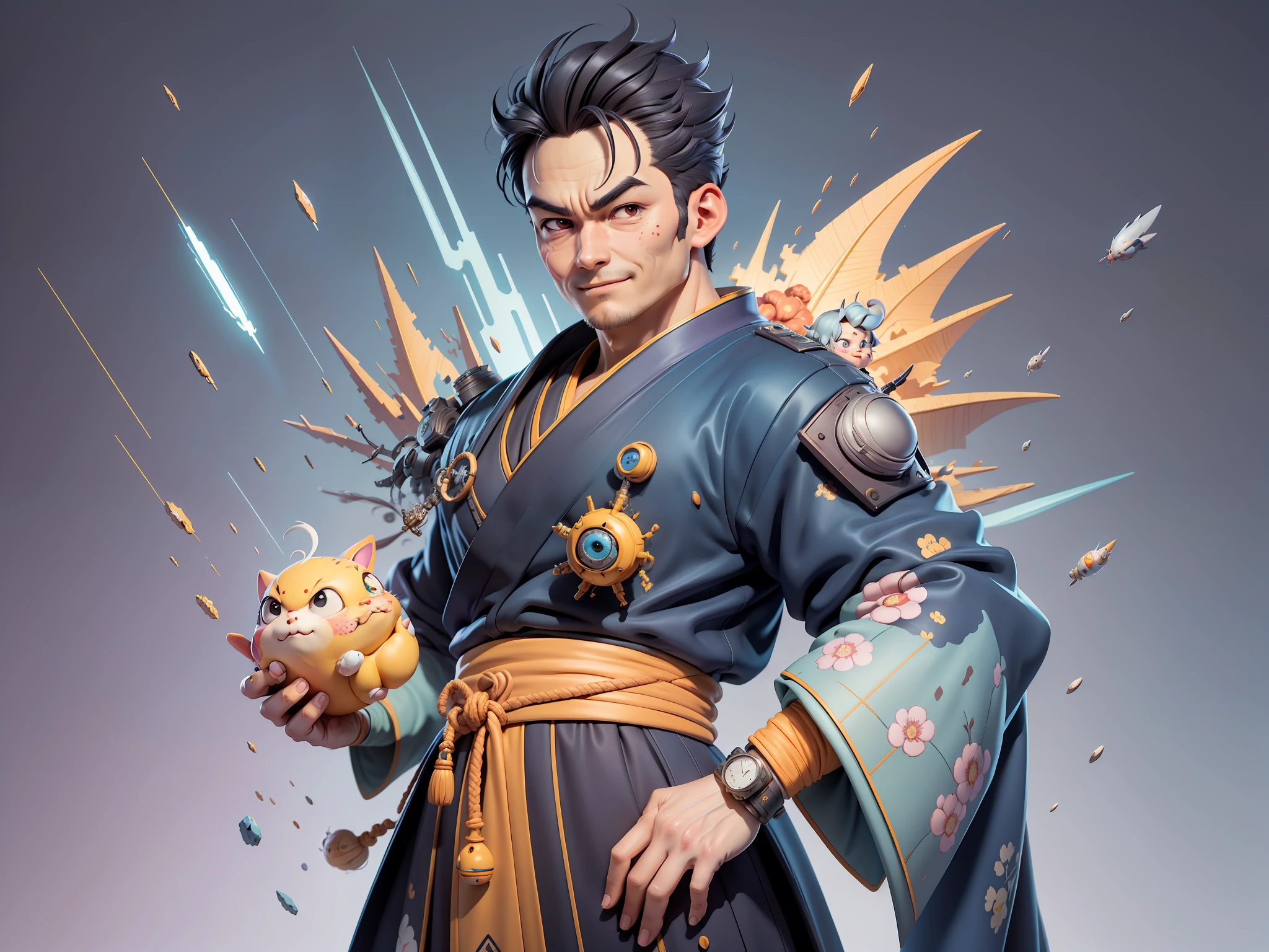 (Masterpiece), (Excellent), (Super Detailed), (Full Body: 1.2), Super Young Man, Oriental Face, Japanese Kimono, Japanese Wind and Thunder, Dragon, TV Anchor, Bust Portrait Illustration, Alone, Black Suit, Blue Tie, Slightly Chubby Face, Very Clean Face, No Beard, Black Super Short Hair, Black Eyes, Confident Smile, 3c Computer Sub-Products, iPad, iPhone, Digital Painting, 3D Character Design by Akira Toriyama and Mark Claireden and Pixar and Hayao Miyazaki, The illustration is a high-definition illustration in 4K resolution with very detailed facial features and cartoon-style visuals.