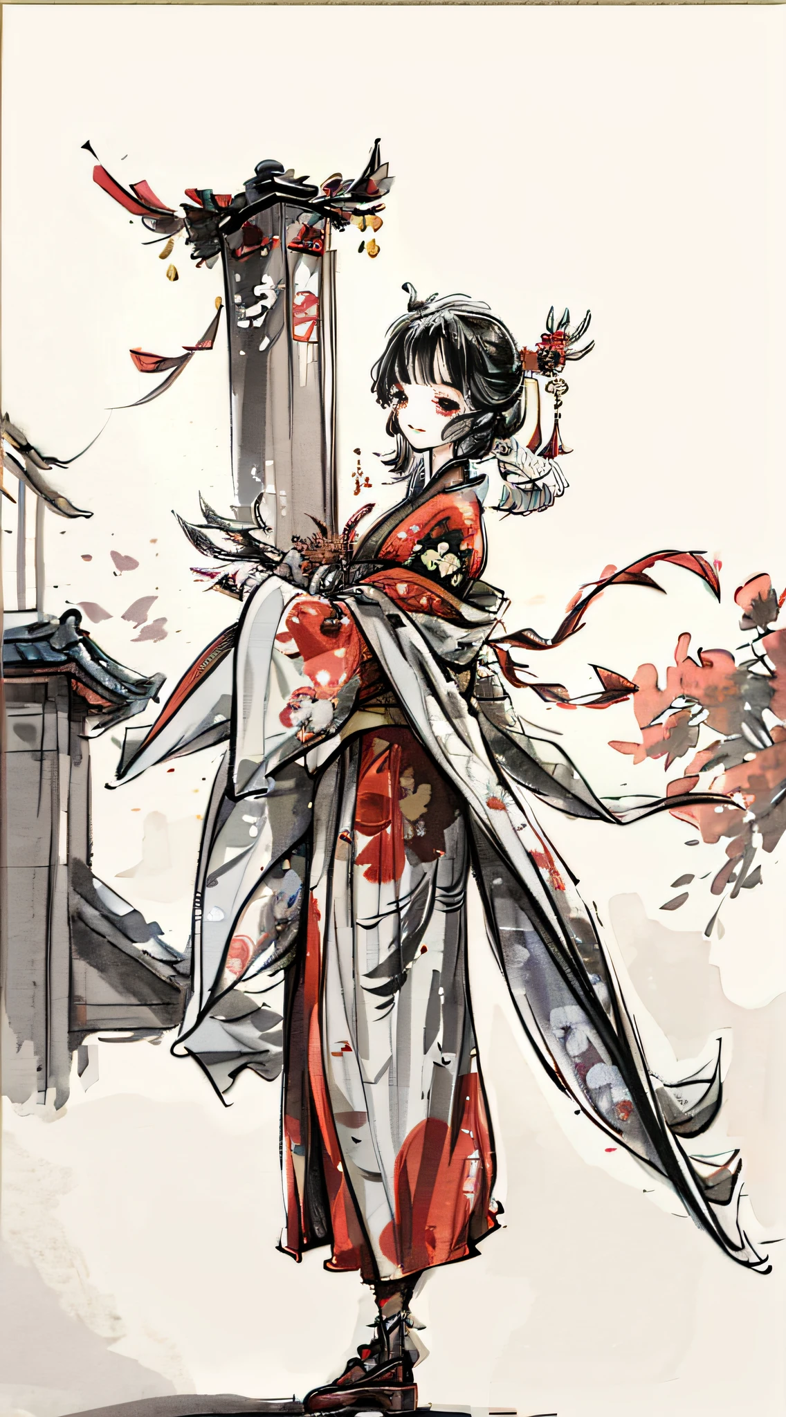 Design a children's day poster with traditional Chinese elements. The main focus should be an adorable child wearing a traditional Hanfu (Chinese clothing) with a bright smile. Surround the child with vibrant traditional paper-cut art, such as auspicious characters, animals, or flowers. In the background, depict traditional Chinese architecture like palaces or courtyard houses in soft colors. Add traditional decorations like red lanterns, fans, and paper cranes around the poster. Incorporate traditional Chinese patterns at the top or bottom, such as cloud motifs, longevity characters, or festive flowers.