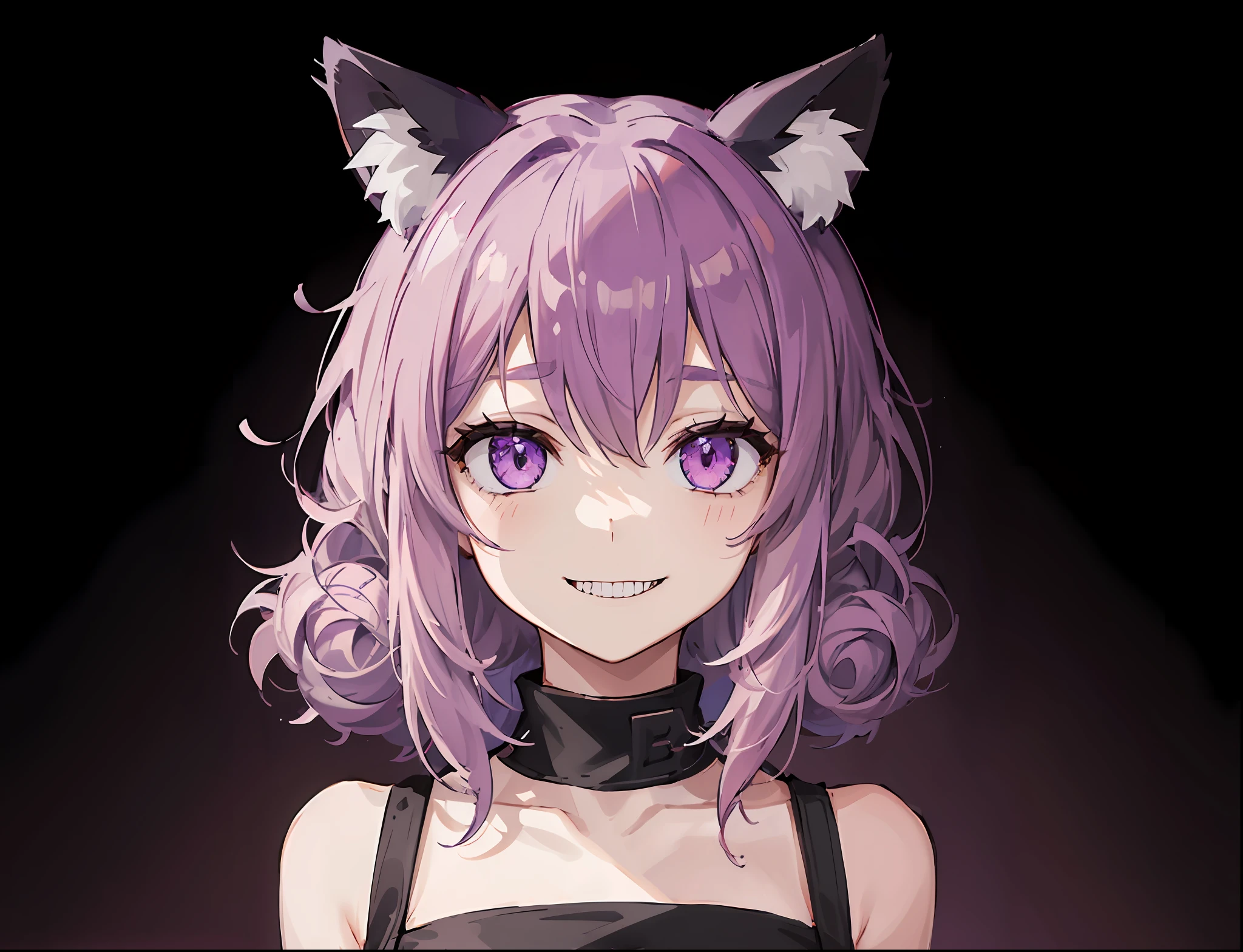 1girl, solo, ((((white backgroung)))), ((((simple backgound)))), ((((focus on face)))), looking at viewer, Cheshire Cat, black suit, metallic chocker, mad smile, sharp teeth, long hair, purple hair, animal ears, cat ears,