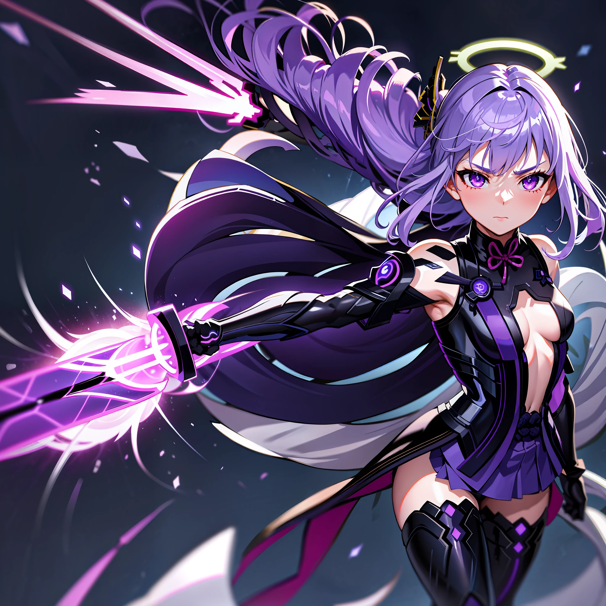 raiden shogun, 1girl, storm, masterpiece, best quality, long hair,purple hair, gloves,purple eyes, thighhighs, holding holding sword, detached sleeves, black gloves, japanese armor, kimono, lightning, halo, neon wings