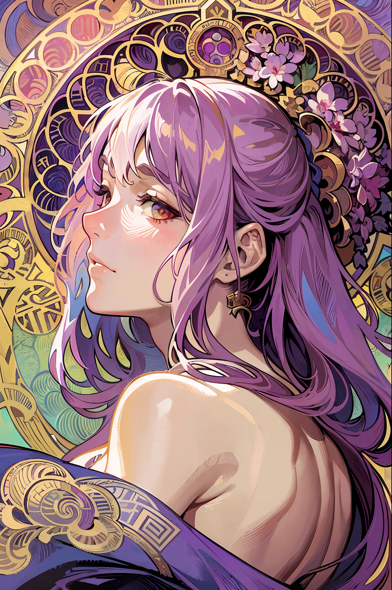 (Alphonse Mucha:1.4 pcs),Facial portrait of European beauty,length hair,Red and purple gradient hair,The background is Roman architecture(Very little clothing:2),(detailing+complex detail:1.2),4 K,Abstract art,The body is proportional,line art,Side face,Colorful,Fibonacci,Mucha style