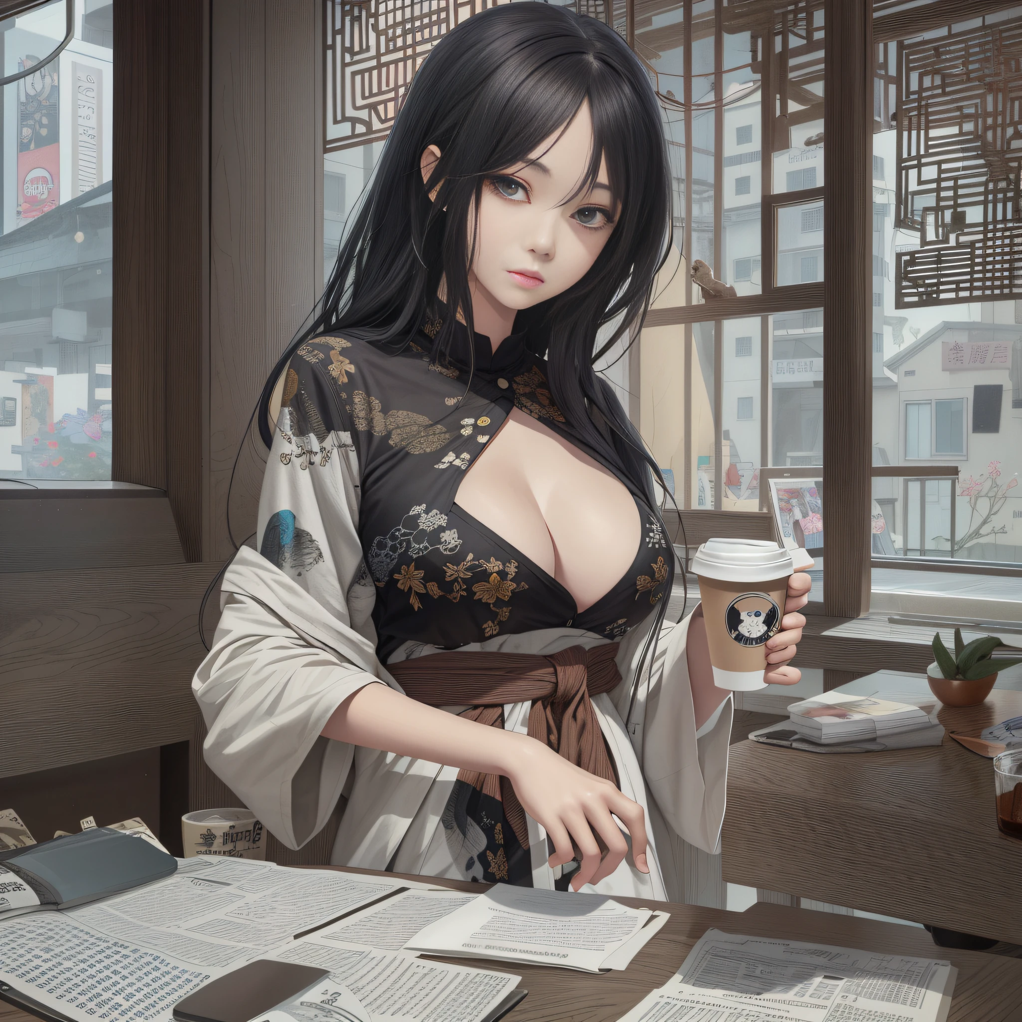 anime girl with a coffee cup and a newspaper in a room, mysterious coffee shop girl, artwork in the style of guweiz, guweiz, by Yang J, guweiz on pixiv artstation, guweiz on artstation pixiv, guweiz masterpiece, seductive anime girl, by Zhou Fang, trending on cgstation, by Zhang Han
