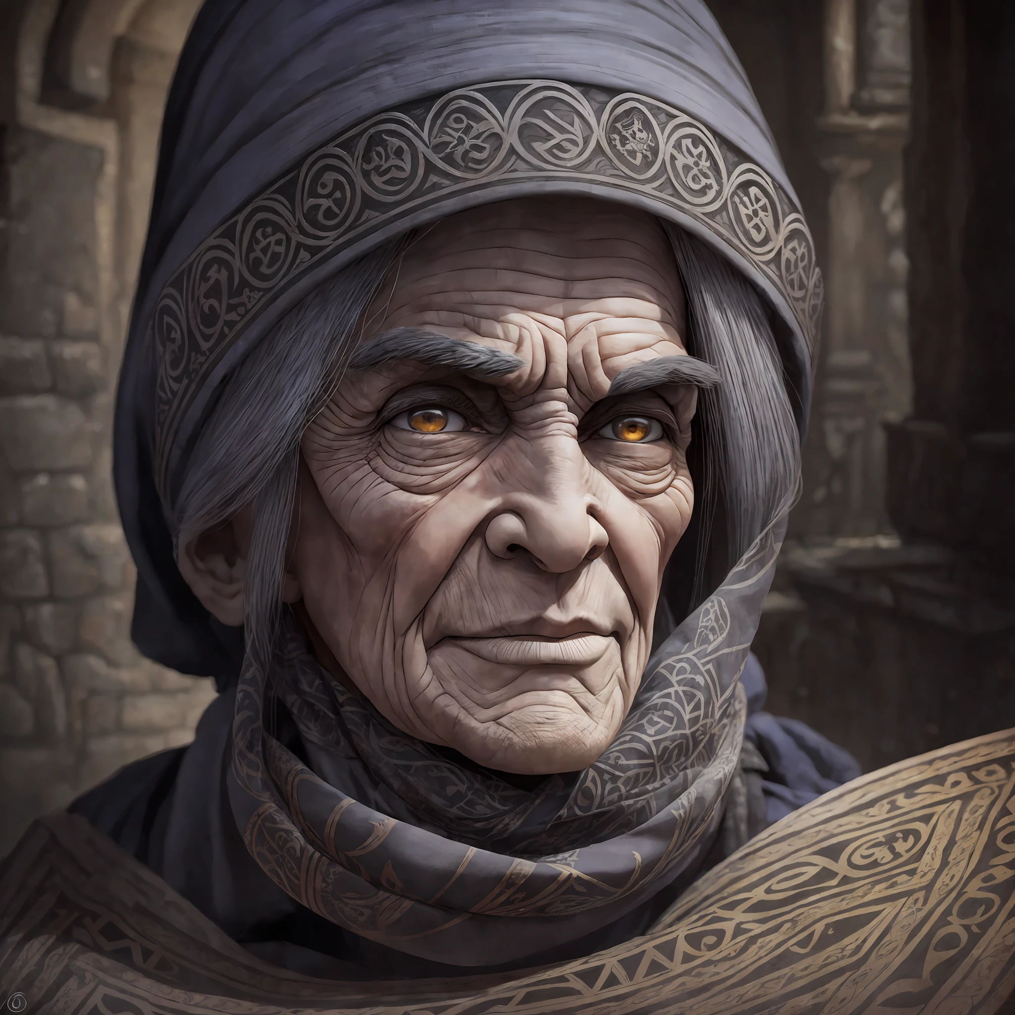 Computer graphics, three-dimensional drawing, gloomy shadows, Akaarel, Murad Osman, Damon Hellenbrand, drawing, ultradetalized portrait, realistic fantasy, cgsociety, neal adams, witch, scary, Baba Yaga is usually depicted as a large hunchbacked old woman with gray eyes, a large, long, hunchbacked and hooked nose, a powerful hairy chin, Sometimes they say about her "nose has grown into the ceiling." But what this means is not entirely clear, but it may indicate her connection with the underworld, dressed in an old gray blank, an old scarf wrapped around her head, bast shoes, a troll's mestizo, a detailed landscape of an old room, a bunch of fabrics, a design of a dilapidated dwelling, a portrait, a close-up --auto --s2