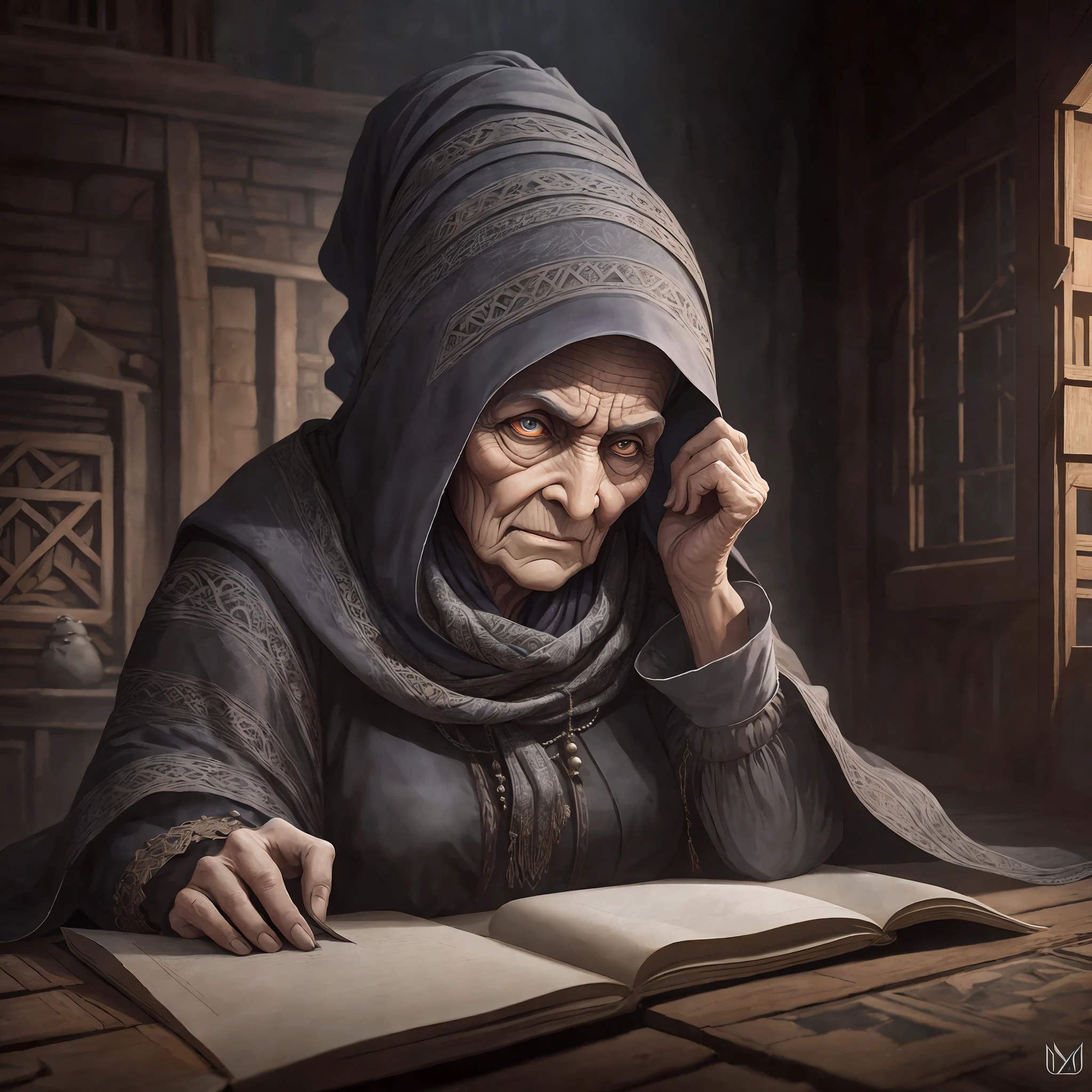 Computer graphics, three-dimensional drawing, gloomy shadows, Akaarel, Murad Osman, Damon Hellenbrand, drawing, ultradetalized portrait, realistic fantasy, cgsociety, neal adams, witch, scary, Baba Yaga is usually depicted as a large hunchbacked old woman with gray eyes, a large, long, hunchbacked and hooked nose, a powerful hairy chin, Sometimes they say about her "nose has grown into the ceiling." But what this means is not entirely clear, but it may indicate her connection with the underworld, dressed in an old gray blank, an old scarf wrapped around her head, bast shoes, a troll's mestizo, a detailed landscape of an old room, a bunch of fabrics, a design of a dilapidated dwelling, a portrait, a close-up --auto --s2