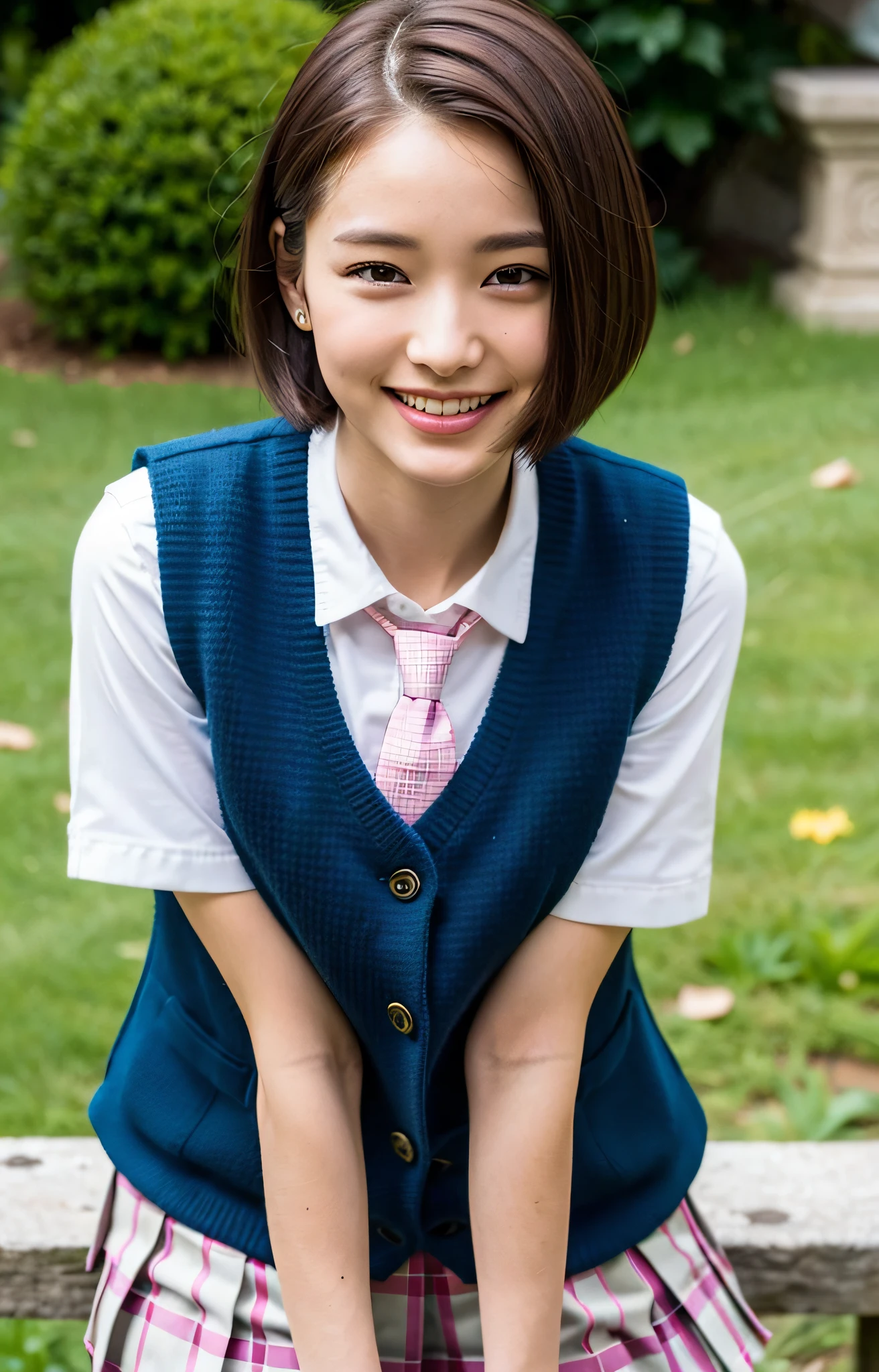 (Very Short Bob Hair))), Best Quality, 8K, HDR, Hi-Res, Absurdity: 1.2, Blurry Background, Bokeh: 1.2, Photography, (RAW Photos: 1.2), (Photorealistic: 1.4), (Masterpiece: 1.3), (Complex Details: 1.2), 1 Girl, Solo, Japan Girls, Delicate Beautiful Details, (Detailed Eyes), (Detailed Facial Features), Petite, ( Small breasts))), toned skin, (looking_at_viewer), from_front, (skinny), squat action, (best quality: 1.4), (ultra high definition: 1.2), cinemalite, (extreme detail), (lip gloss, best quality, ultra high resolution, depth of field, caustics, broadlighting, natural shading, 85mm, f/ 1.4, ISO 200, 1/160 sec.: 0.75), 1 Girl, Solo, (((Blue Vest)))) (((Smile)), (((School uniform, pink pleated skirt with checkered pattern))