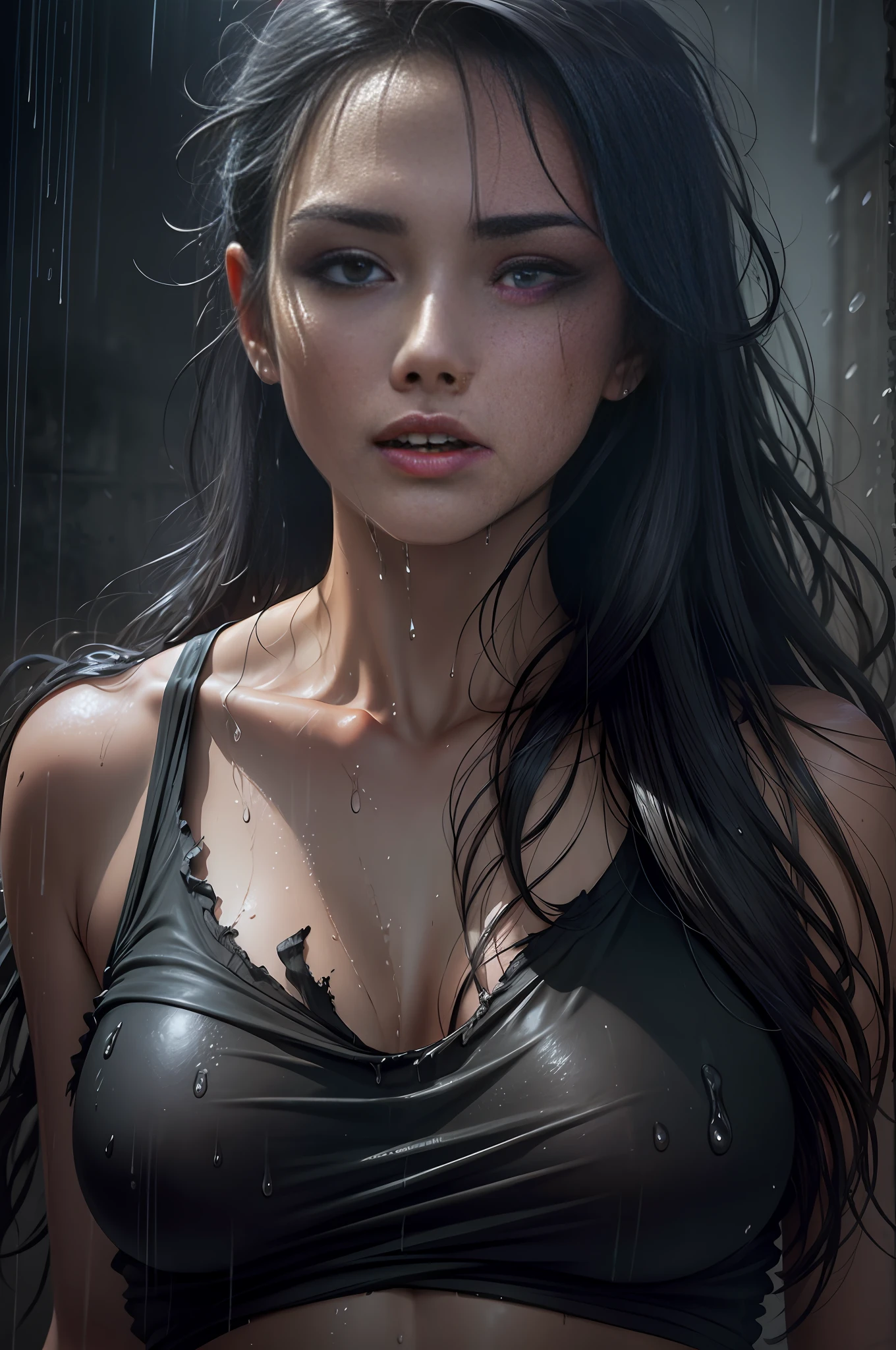 Best picture quality, masterpiece, ultra high resolution, (fidelity:1.4), photo, 1 beautiful woman, wet black shirt, shorts,cinematic, torn clothes, wet clothes, bare shoulders, real rain, wet hair,..