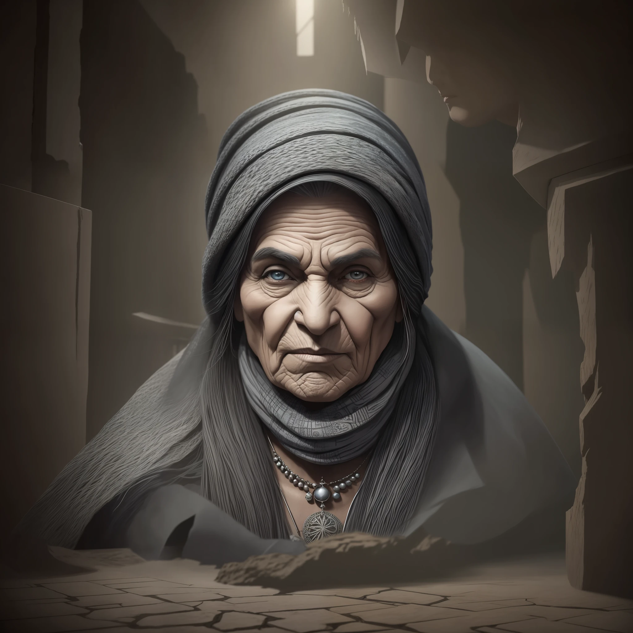 Computer graphics, three-dimensional drawing, gloomy shadows, Akaarel, Mural Osman, Damon Hellenbrand, drawing, ultradetalized portrait, realistic fantasy, cgsociety, neal adams, witch, Baba Yaga is usually depicted as a large hunchbacked old woman with gray eyes, a large, long, hunchbacked and hooked nose, a powerful hairy chin, Sometimes they say about her "the nose has grown into the ceiling." But what this means is not entirely clear, but it may indicate her connection with the underworld, dressed in an old gray blank, an old scarf wrapped around her head, bast shoes, a troll's mestizo, a detailed landscape of an old room, a bunch of fabrics, a design of a dilapidated dwelling, a portrait --auto --s2