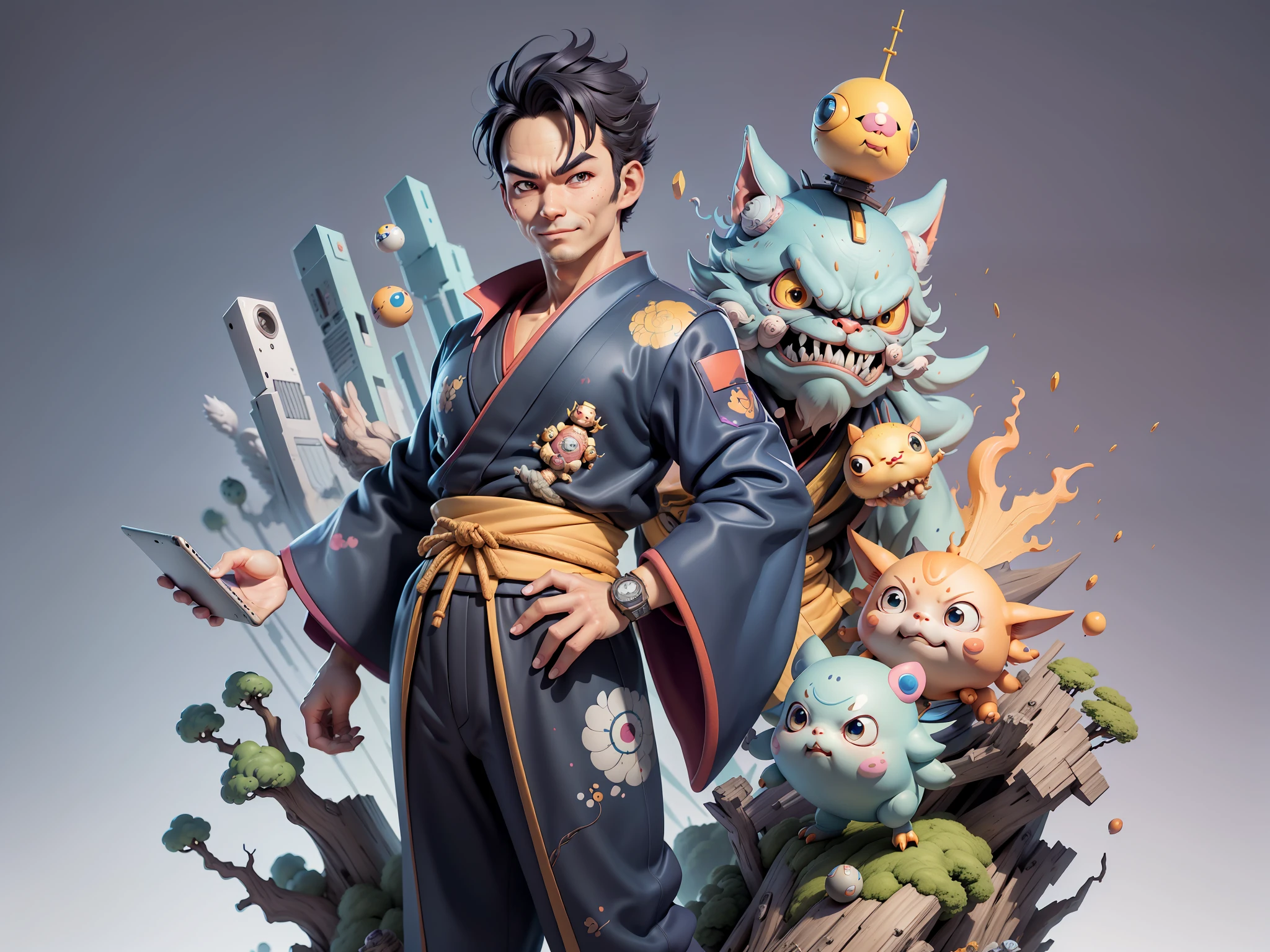 (Masterpiece), (Excellent), (Super Detailed), (Full Body: 1.2), Super Young Man, Oriental Face, Japanese Kimono, Japanese Wind and Thunder, Dragon, TV Anchor, Bust Portrait Illustration, Alone, Black Suit, Blue Tie, Slightly Chubby Face, Very Clean Face, No Beard, Black Super Short Hair, Black Eyes, Confident Smile, 3c Computer Sub-Products, iPad, iPhone, Digital Painting, 3D Character Design by Akira Toriyama and Mark Claireden and Pixar and Hayao Miyazaki, The illustration is a high-definition illustration in 4K resolution with very detailed facial features and cartoon-style visuals.