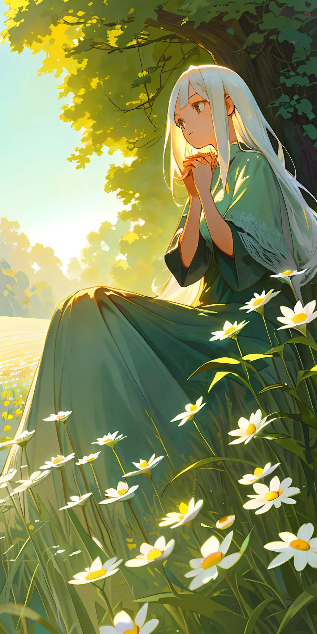(Masterpiece, best quality), 1 long girl with white hair sitting in a field of greenery and flowers, her hands under her chin, warm light, nude