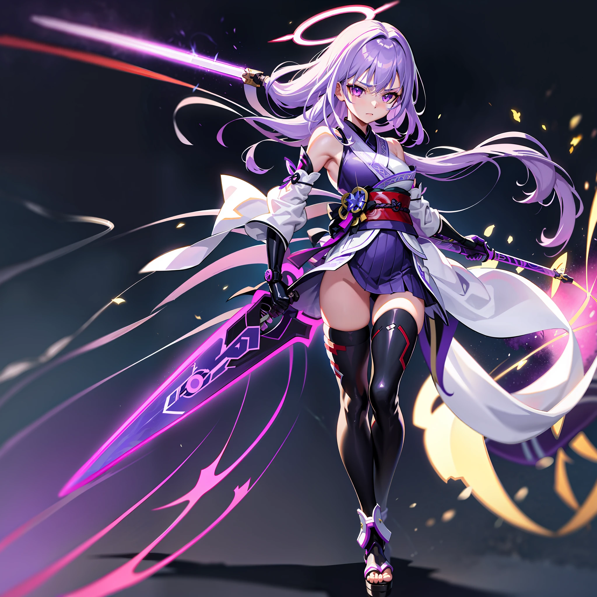 raiden shogun, 1girl, storm, masterpiece, best quality, long hair,purple hair, gloves,purple eyes, thighhighs, holding holding sword, detached sleeves, black gloves, japanese armor, kimono, lightning, halo, neon wings