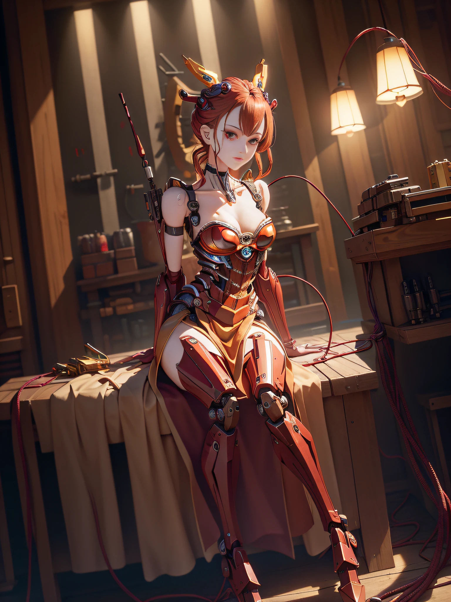 (((masterpiece))), ((best quality)), (ultra-detailed), (CG illustration), (an extremely devious and beautiful)), (cute desktop face), cinematic light, ((1 mechanical girl)), single, beautiful face, full body, ( Machine-made joints: 1.4), ((mechanical limbs)), (blood vessels attached to tubes), ((mechanical spine attached to the back)), ((mechanical cervical vertebrae attached to the neck), (sitting)), expressionless, (wires and cables attached to the head and body: 1.5), (character focus), science fiction