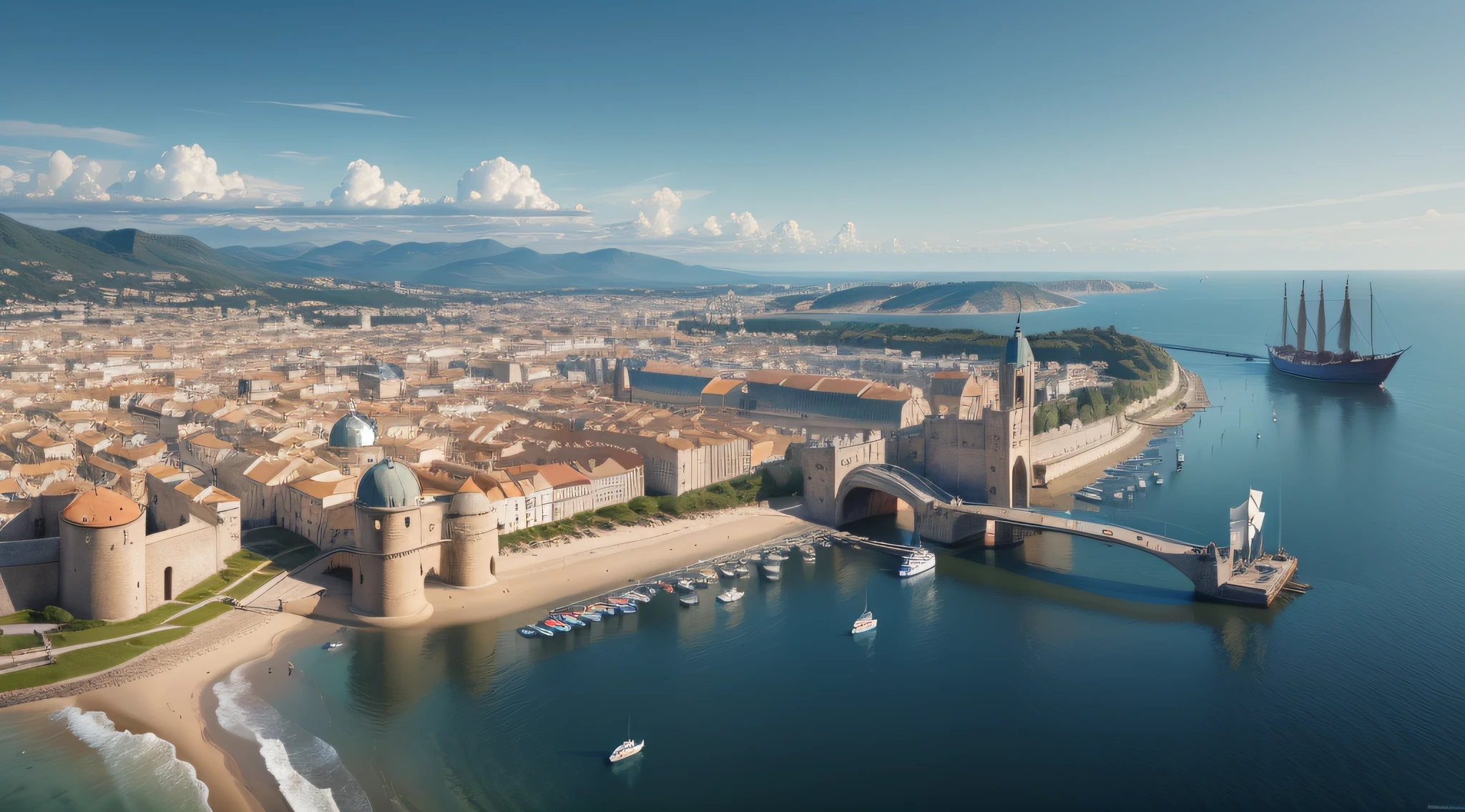 Masterpiece, final quality, CG 8K wallpaper unit, high dynamic HDR, aerial view of a medieval port city. Aerial and panoramic angle, detailed sea. View from above.