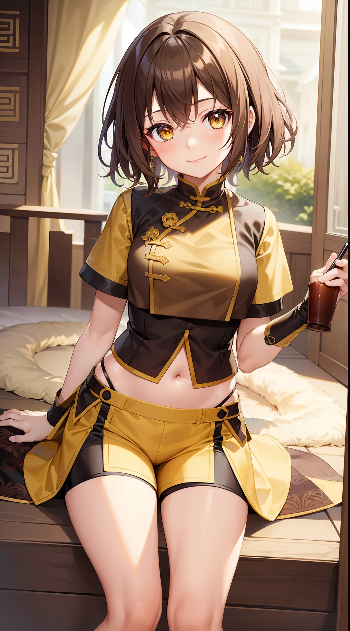Young girl, short brown hair, yellow eyes, brown Chinese clothes, shorts, smile, masterpiece, high quality, open belly