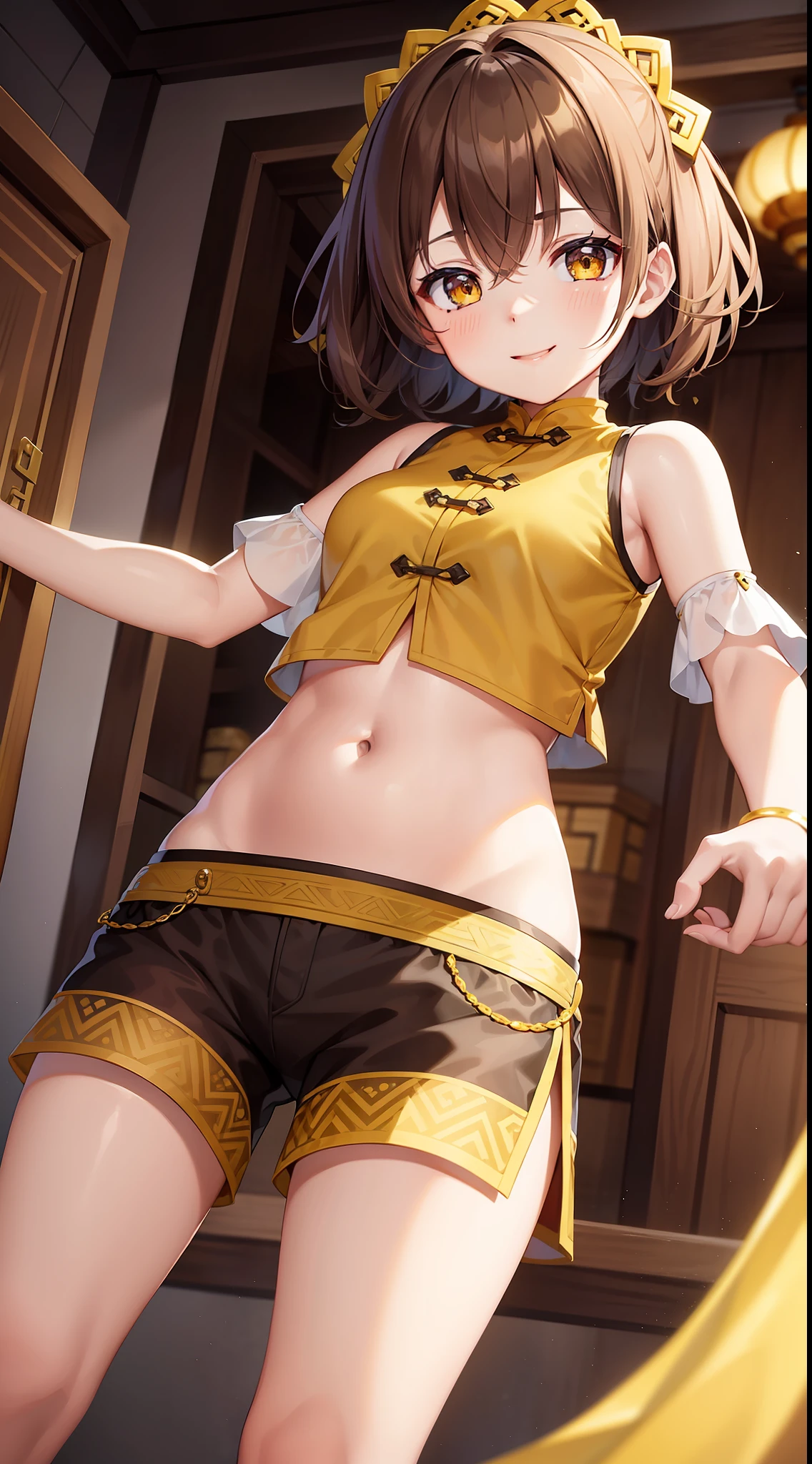 Young girl, short brown hair, yellow eyes, brown Chinese clothes, shorts, smile, masterpiece, high quality, open belly