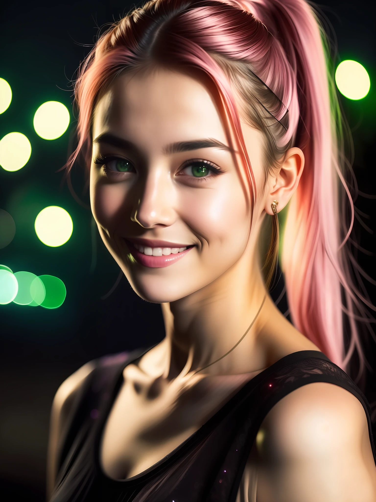 night scene, close-up photo of a very beautiful girl, posing, looking at a camera and smiling, pink ponytail hair, (green eyes: 0.8), handsome young face, 18 yo, soft volumetric lights, (backlit: 1.3), (cinematic: 1.3), intricate details, (ArtStation: 1.2)