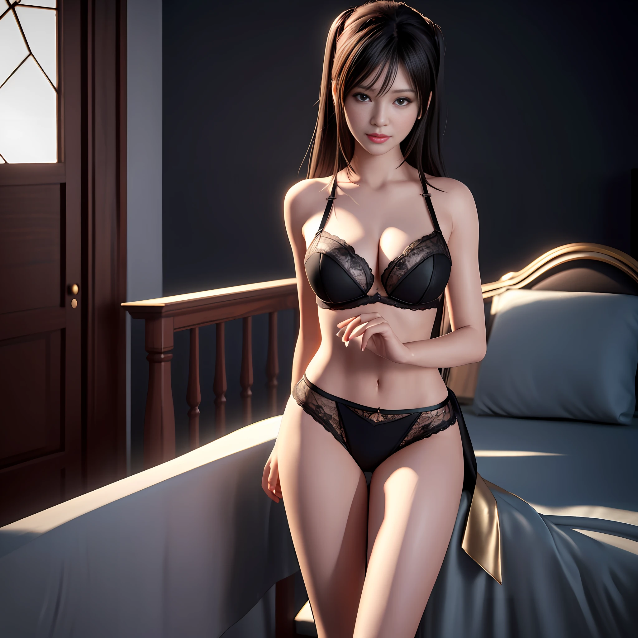 there is a woman in a black lingerie posing for a picture, 8 k sensual lighting, photorealistic perfect body, realistic soft lighting, wlop glossy skin, photorealistic picture, highly detailed soft lighting, realistic afternoon lighting, photorealistic anime girl render, realistic shaded perfect body, cinematic soft lighting, smooth 3d cg render, [ 4 k photorealism ]!!
