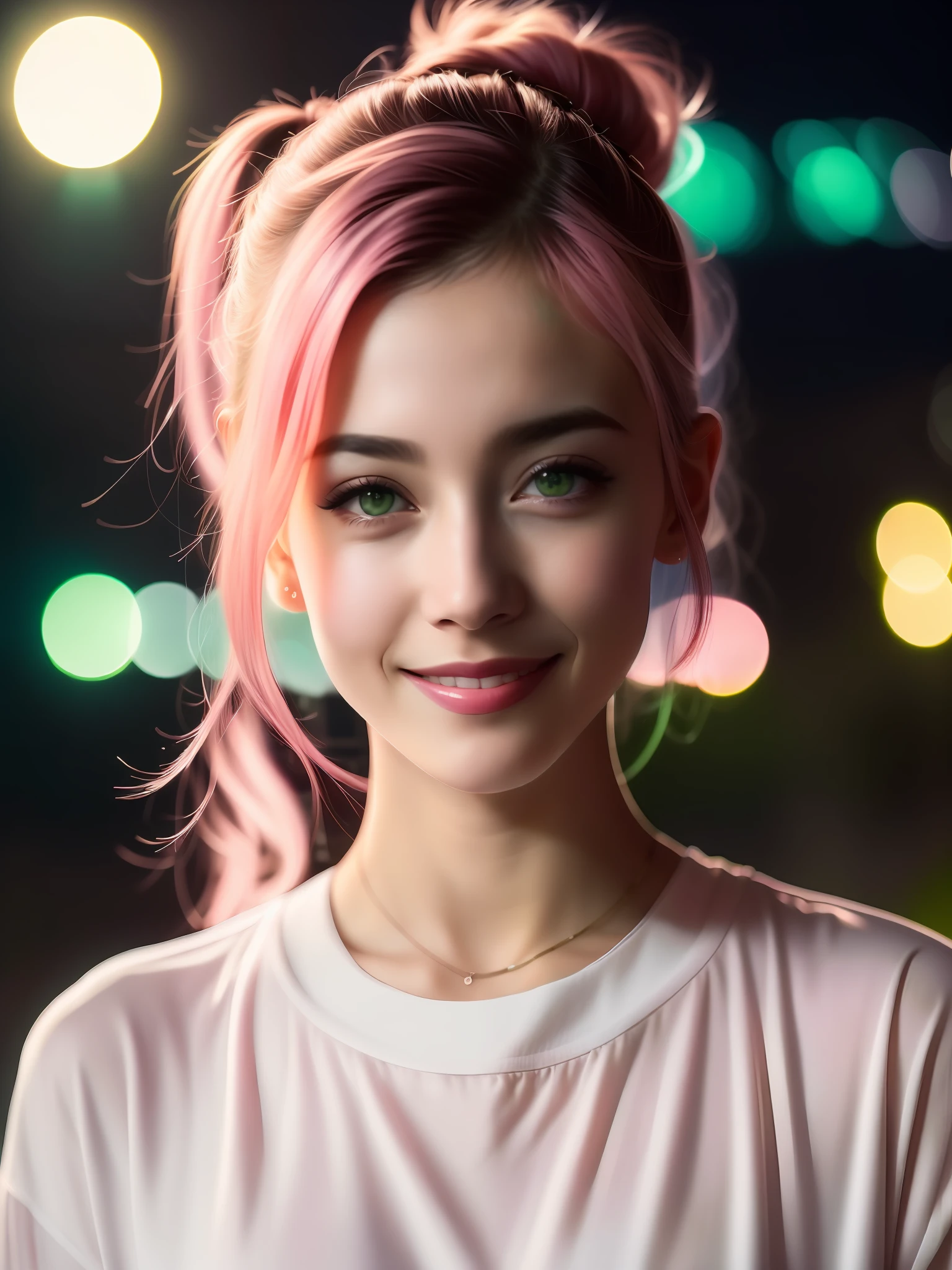 night scene, close-up photo of a very beautiful girl, posing, looking at a camera and smiling, pink ponytail hair, (green eyes: 0.8), handsome young face, 18 yo, soft volumetric lights, (backlit: 1.3), (cinematic: 1.3), intricate details, (ArtStation: 1.2)